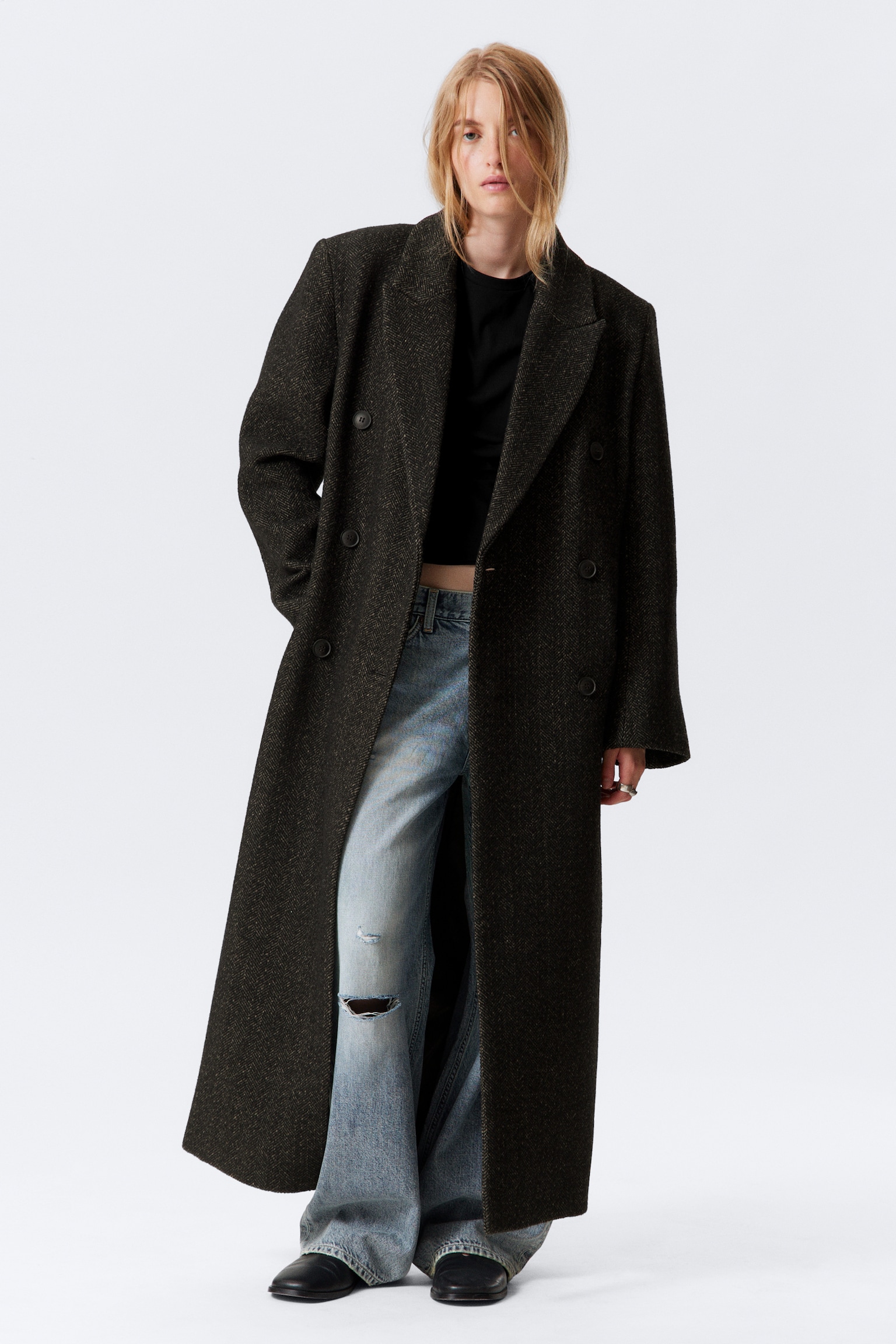 Oversized Double-Breasted Wool-Blend Coat - Dark Brown/Dark Grey/Black