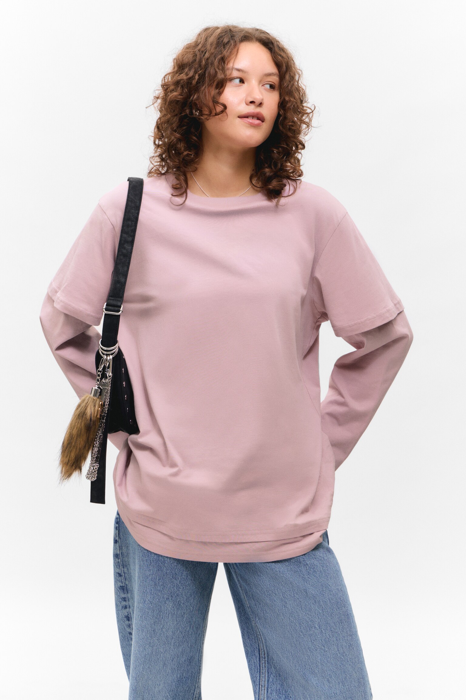 Layered Long-Sleeved Cotton T-shirt - Light Dusty Pink/Bright Red