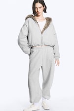 Gris chiné & Marron - Sweat à capuche zippé réversible en fausse fourrure - 2