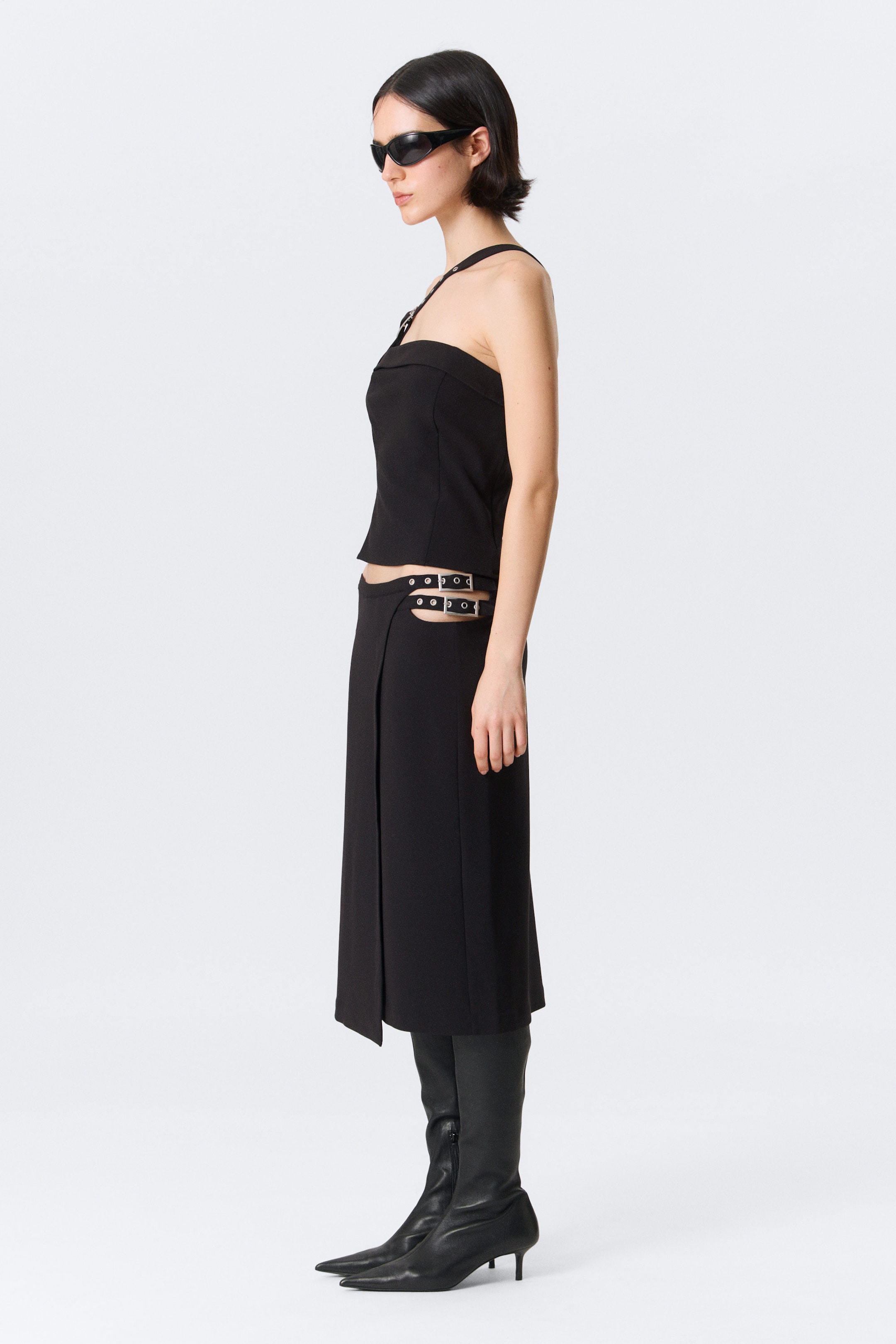 Black - Mid Rise Side-Buckle Pencil Skirt - 2