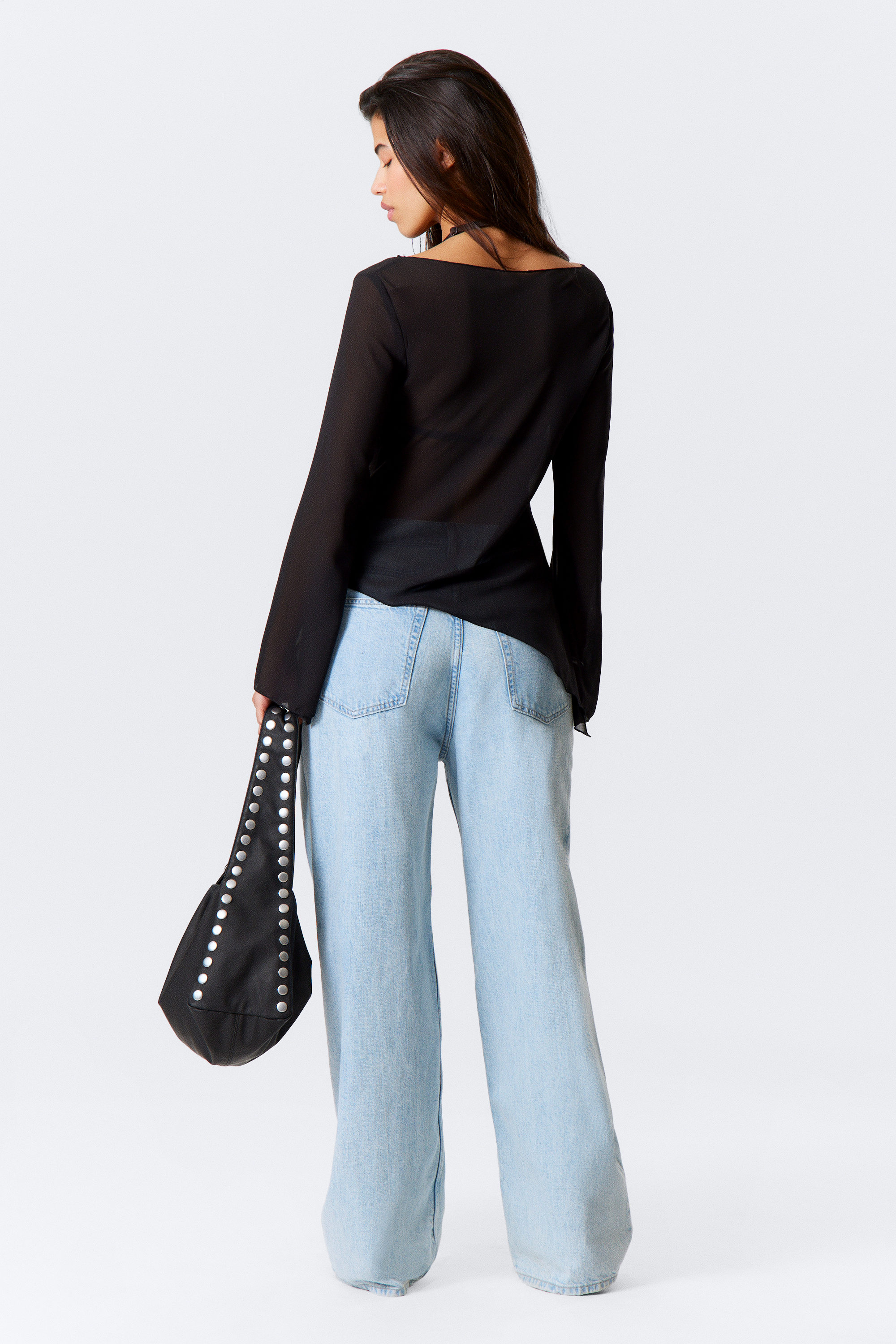 Black - Sheer Asymmetric Long-Sleeved Blouse - 3