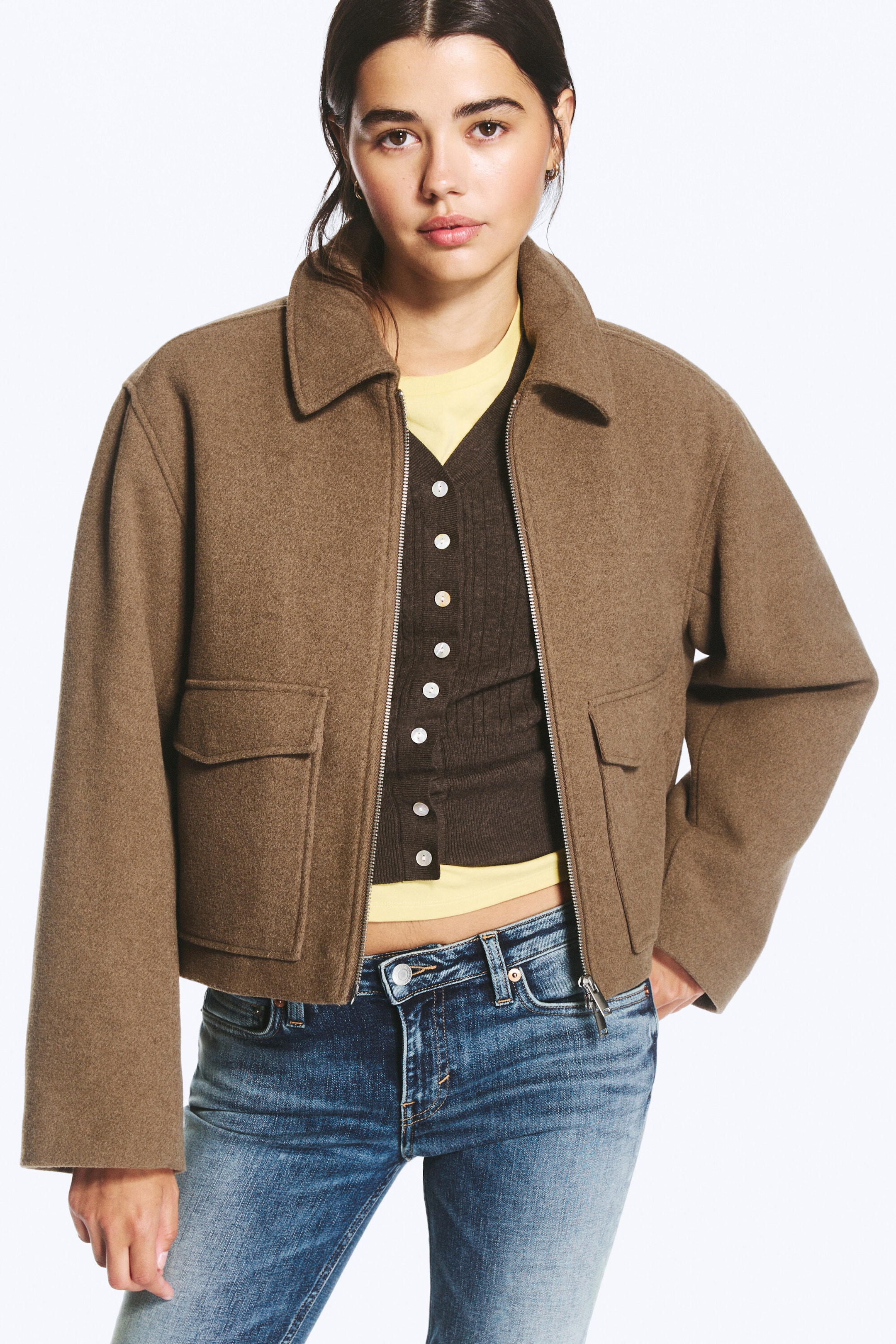 Mattes Braun - Kurze, kastige Zip-Jacke - 1