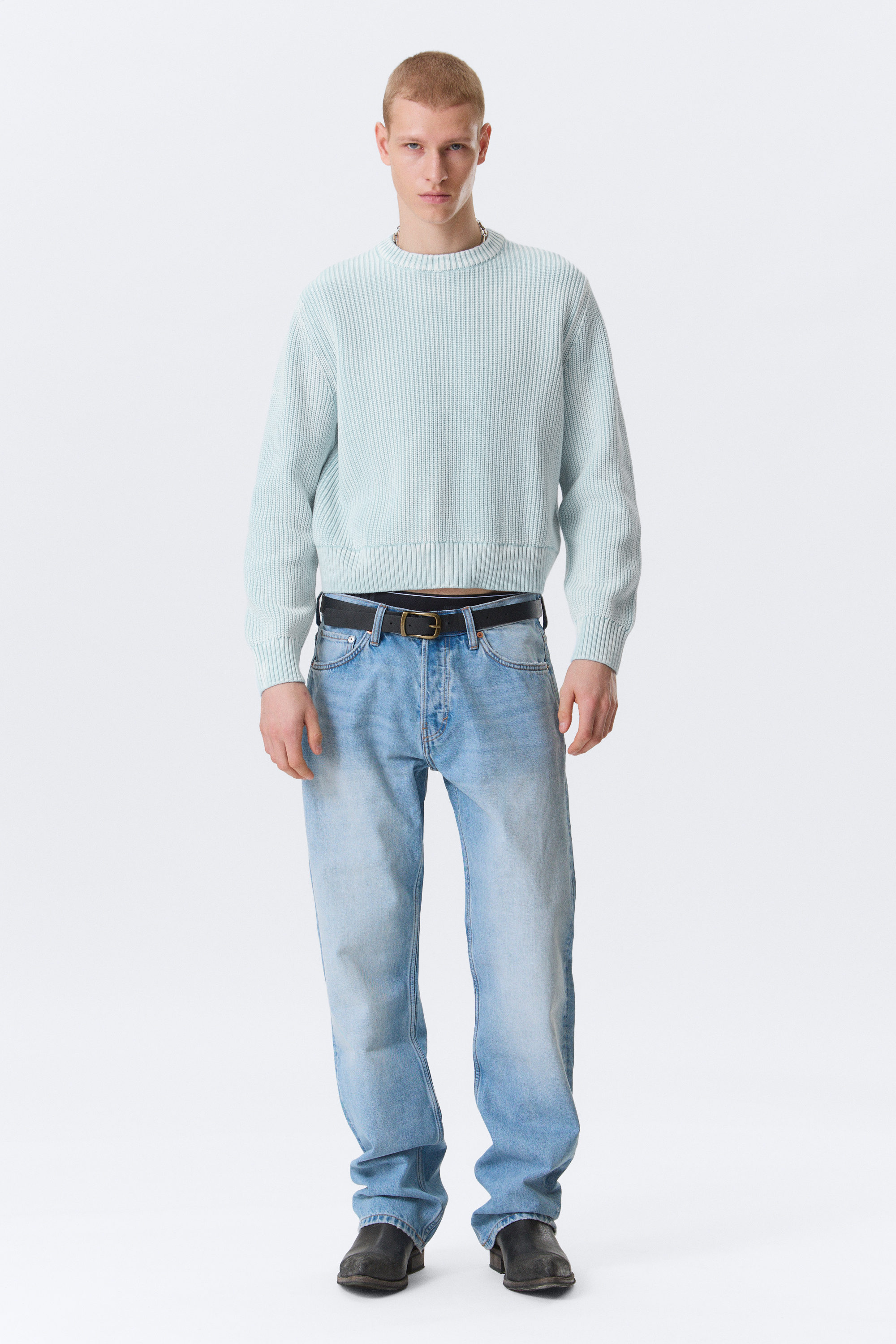 Washed Light Blue - Shrunken Knitted Cotton Sweater - 2