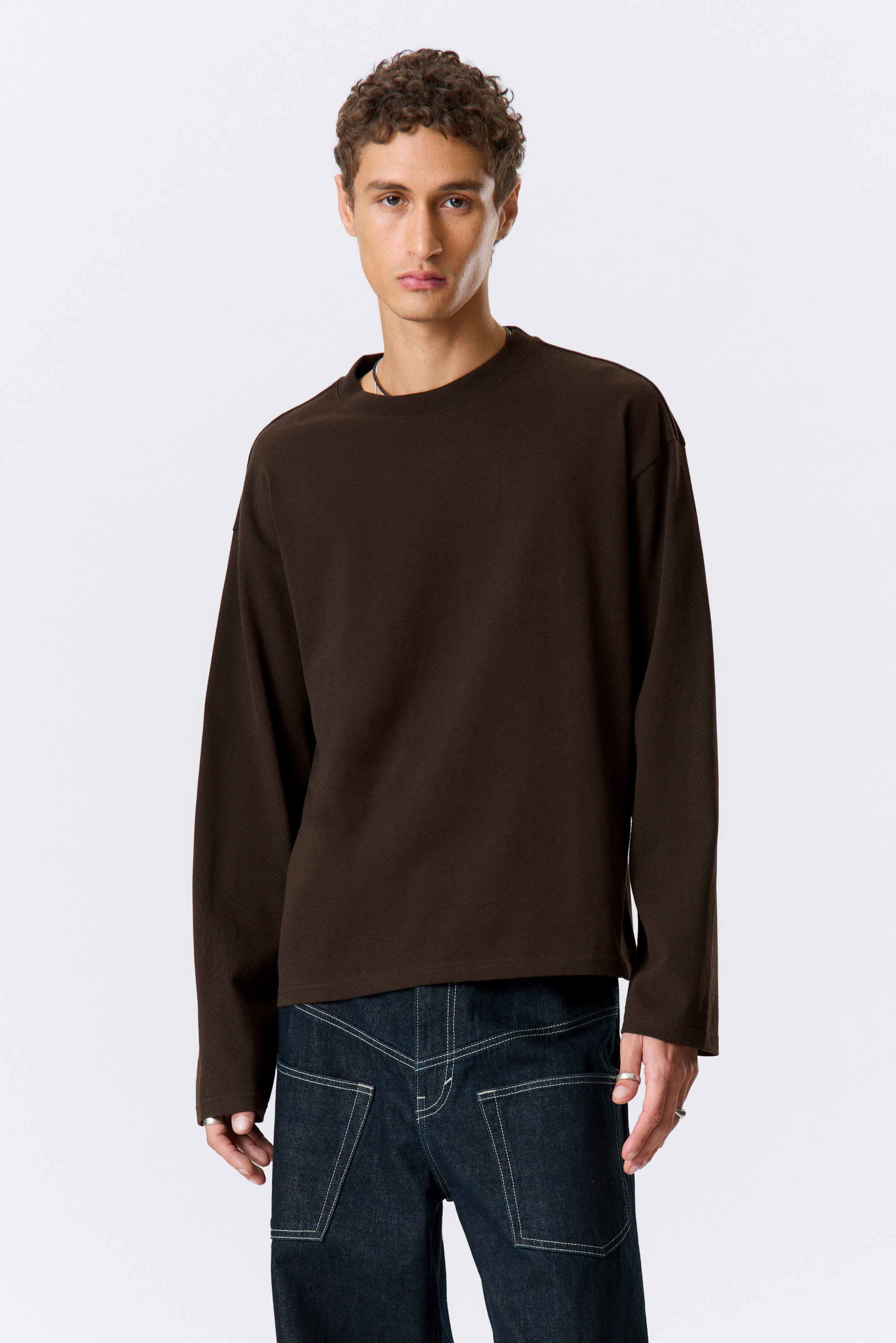 Dark Brown - Loose Boxy Long-Sleeved T-shirt - 1