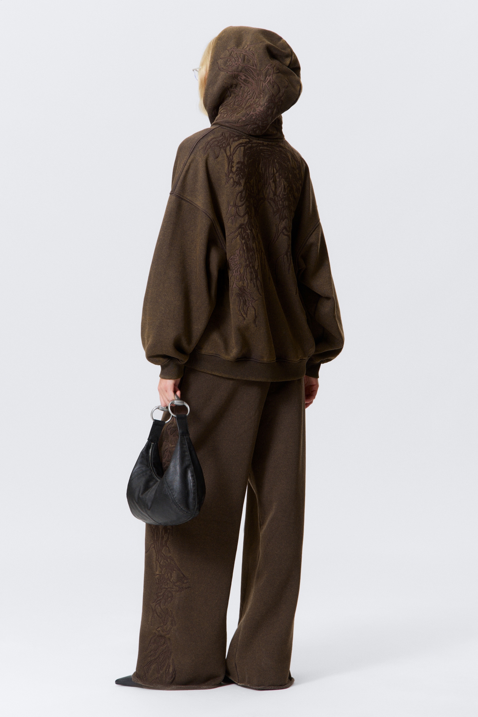 Embroidered Oversized Heavy Hoodie - Dark Brown - 5