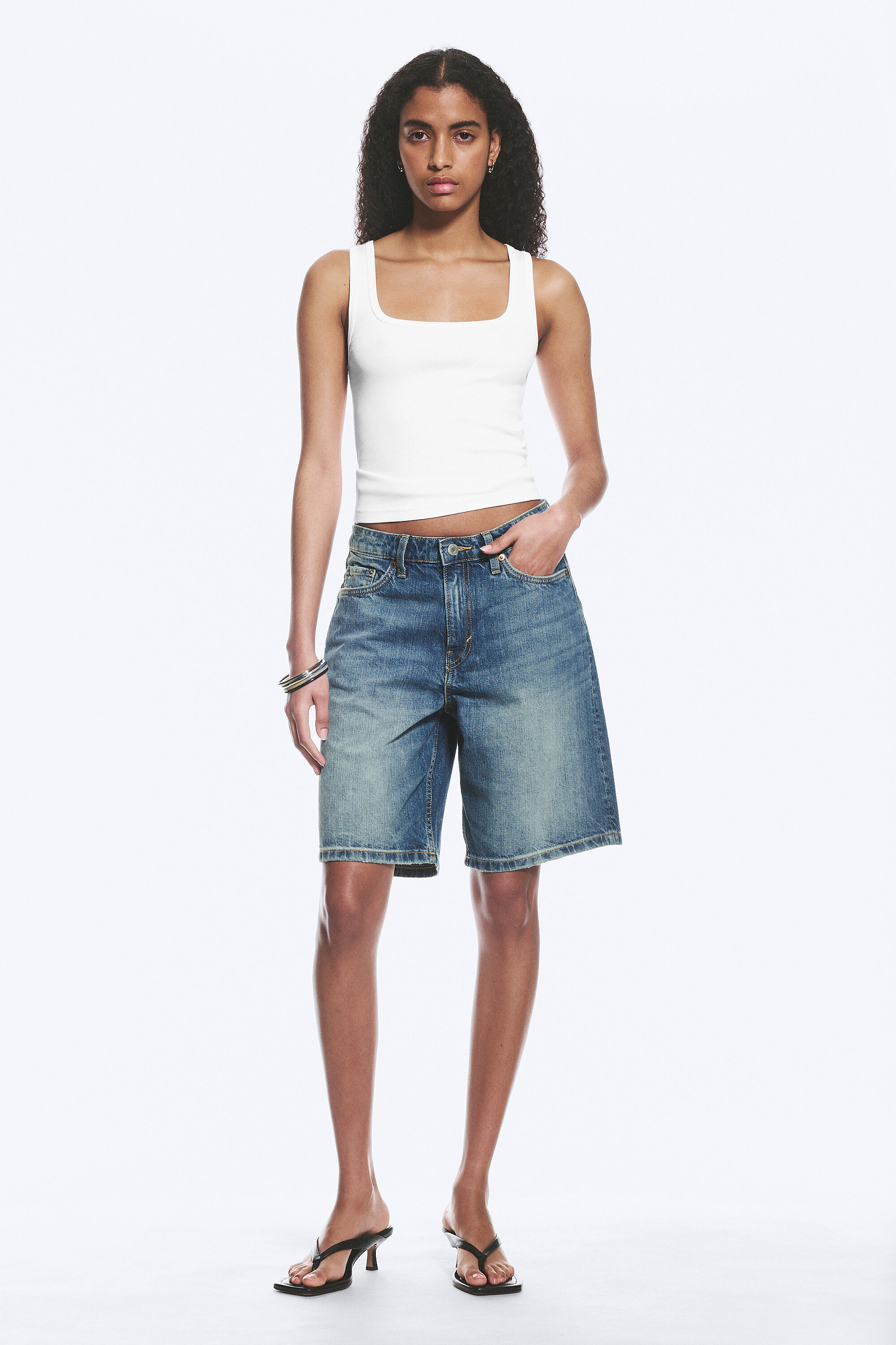 peggy low waist loose baggy leg denim shorts - Mid Blue - Medium