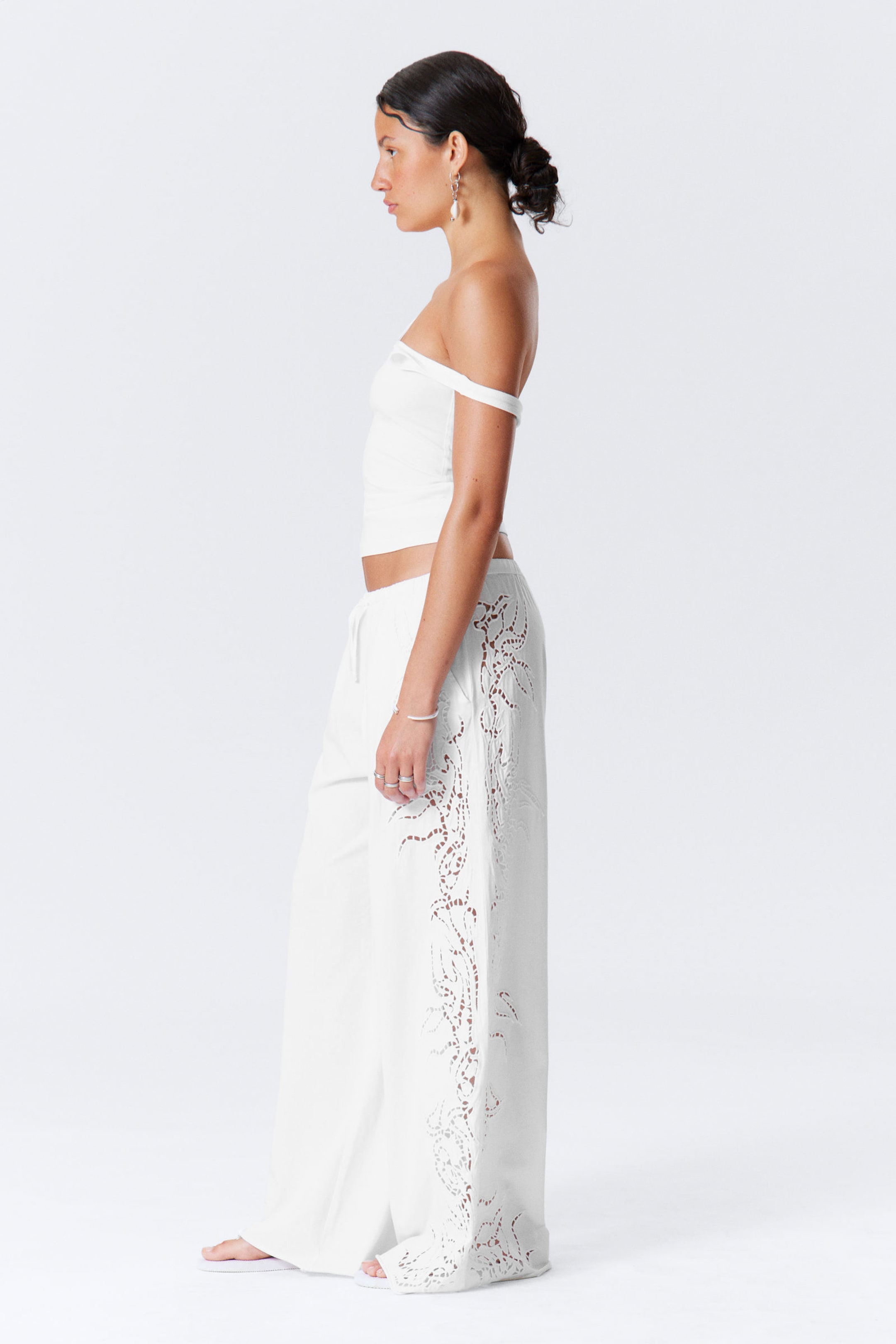 White - Broderie Anglaise Loose Fit Trousers - 2