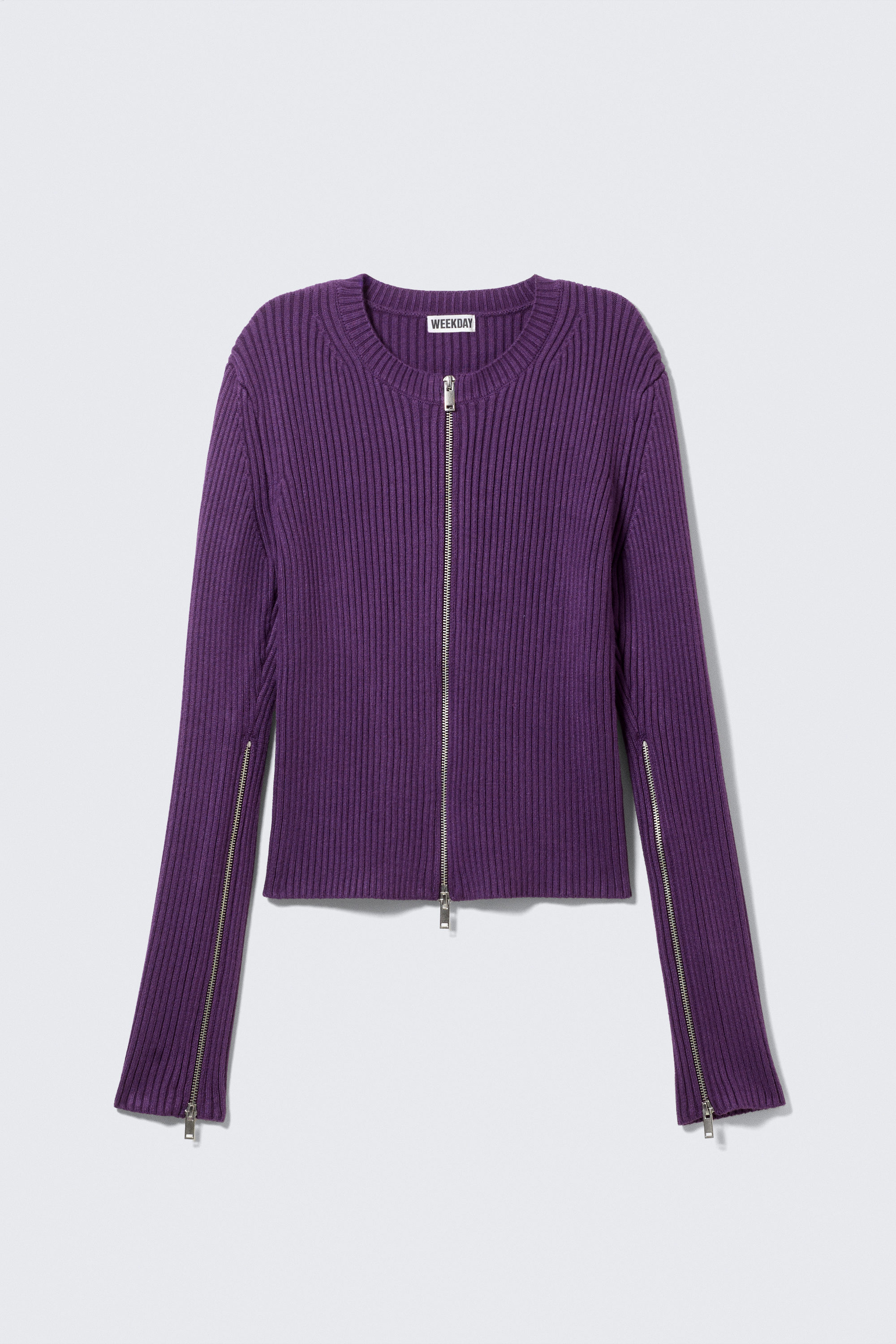 Dark Purple - Ribbed Fitted Zip Cardigan - 1