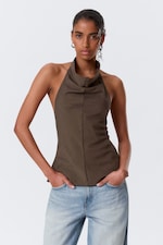 Striped Brown - Draped Halter Cowl-Neck Top - 0