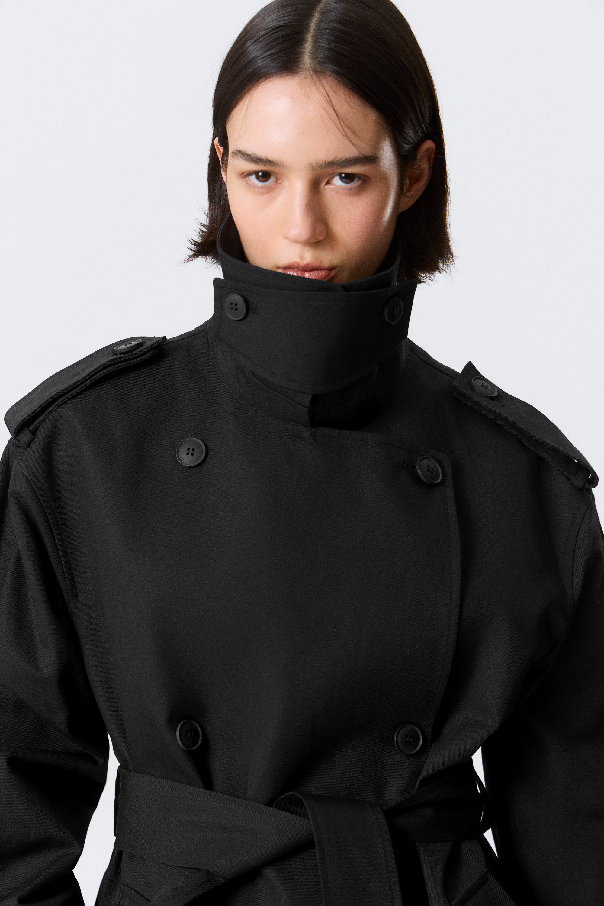 Black - Short Oversized Double-Breasted Trench Coat - 2