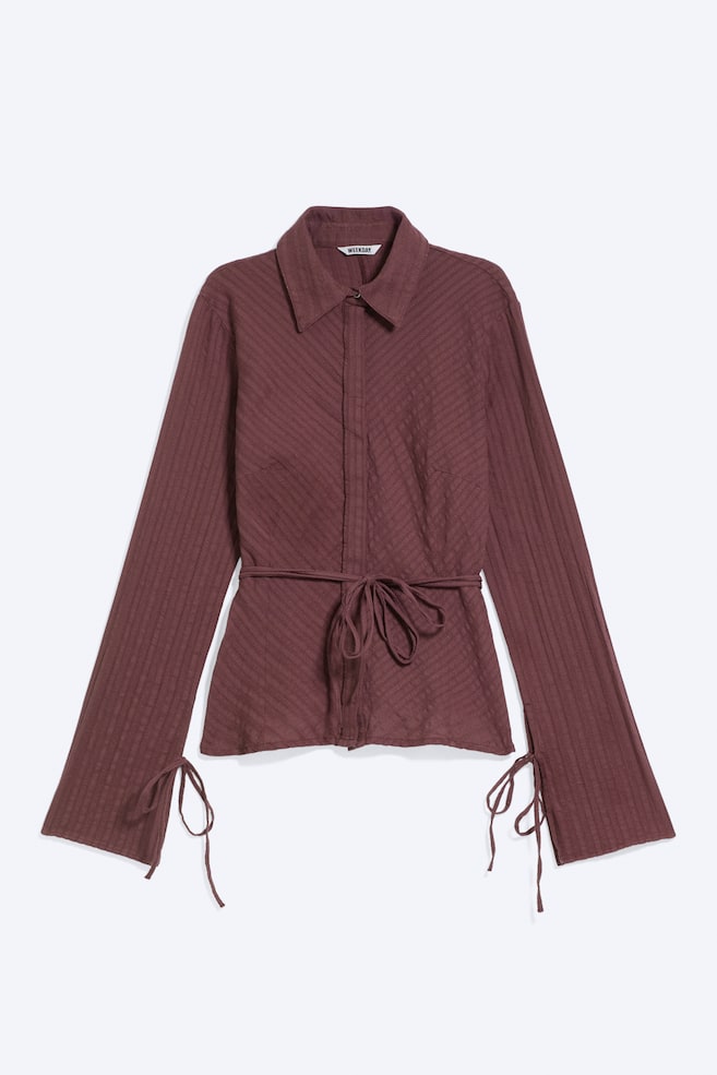 Camisa de algodão com laço - Listrado Roxo Escuro/Cinzento às riscas/Branco às riscas - 1