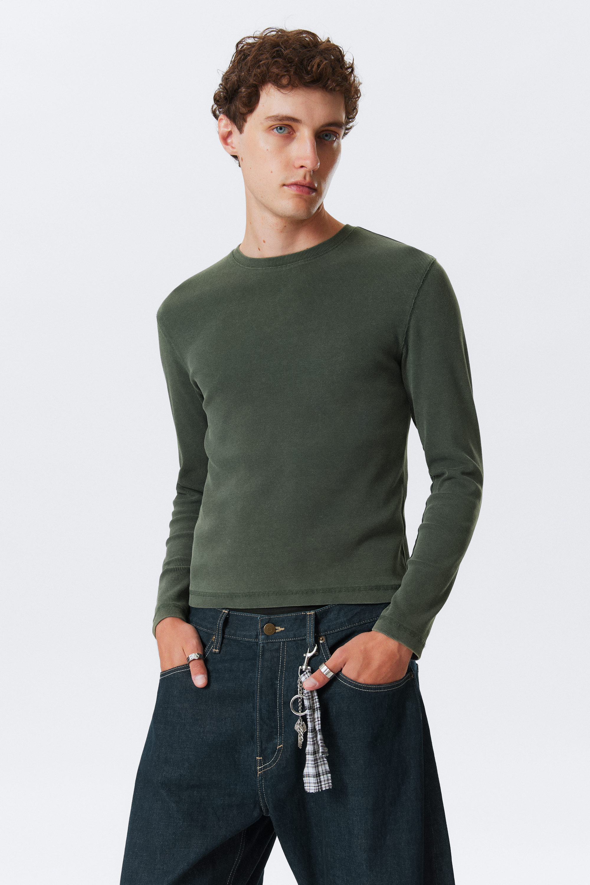 Dunkelgrün - Geripptes Longsleeve-Shirt - 1