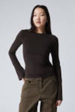 Dark Brown - Long Sleeve Cotton Top - 0