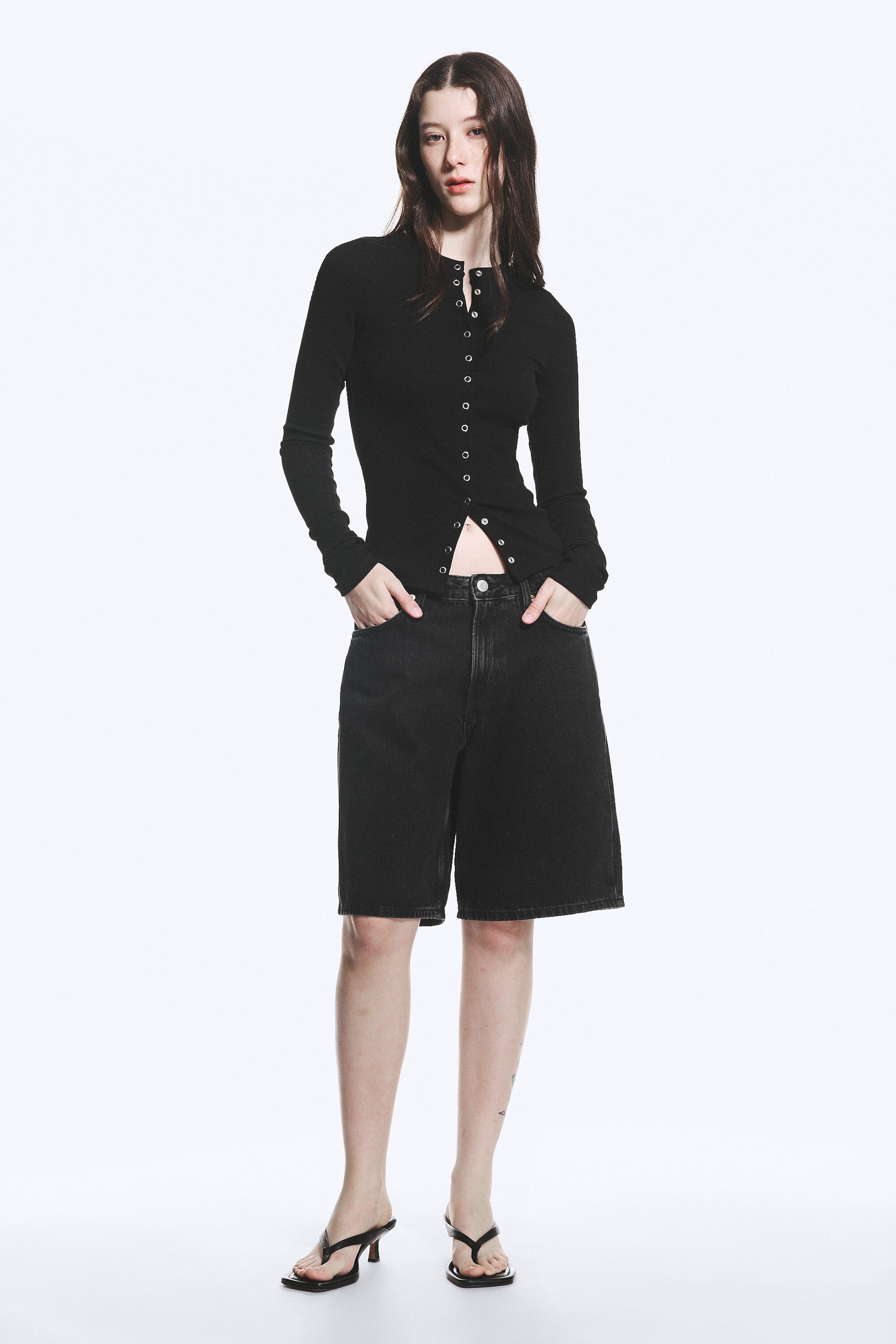 Schwarz - Ribbed Long-Sleeved Cardigan - 2