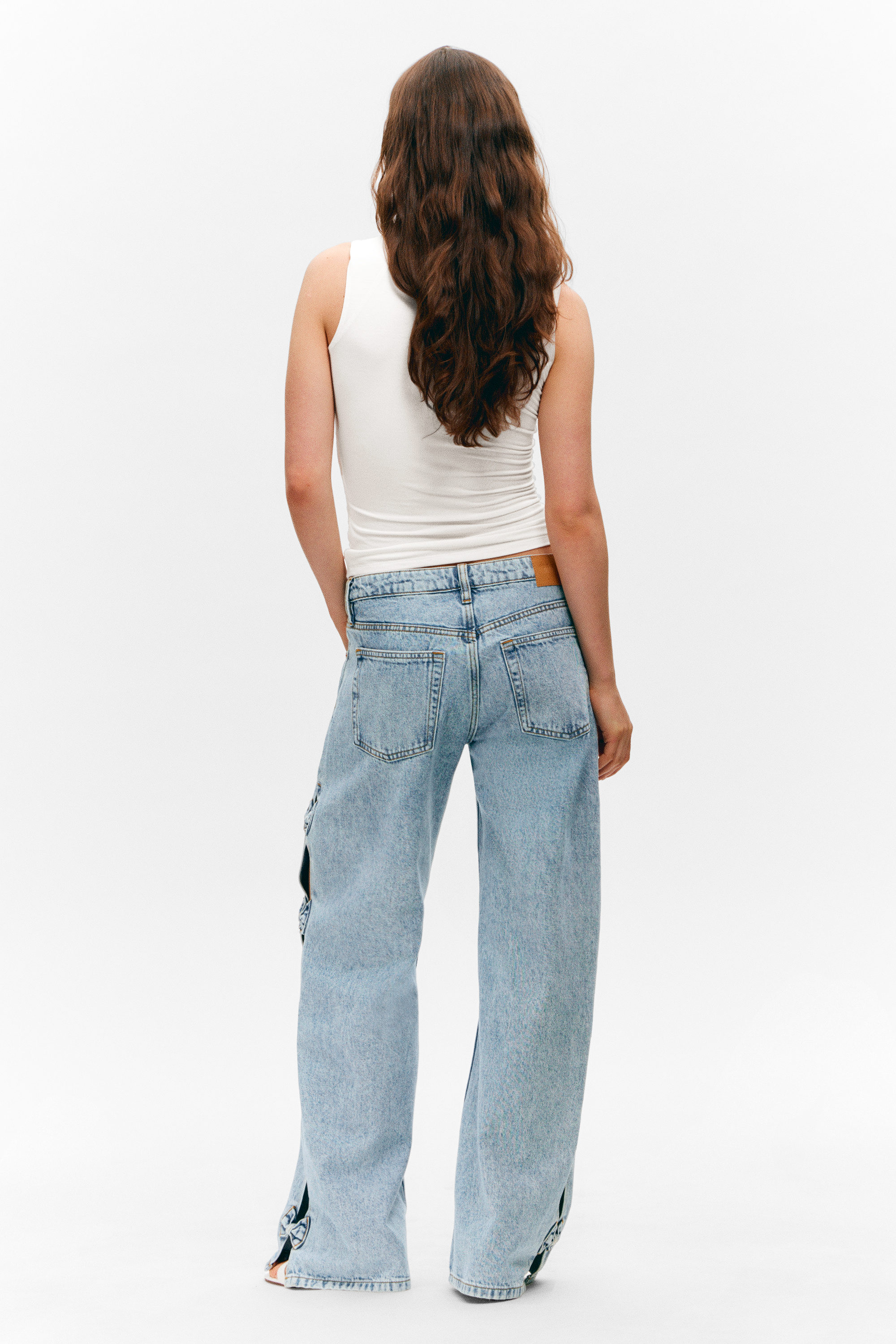 Mid Blue - Medium Blue - Imoo Low Rise Wide Leg Bow Jeans - 4