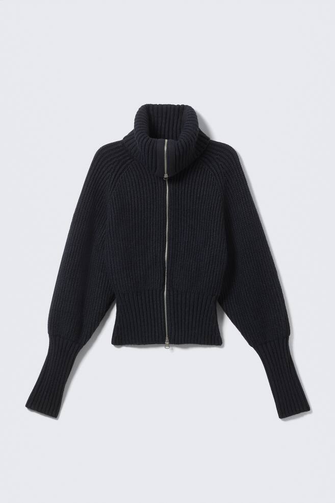 Slim Fit Ribbed Zip Cardigan - Dark Blue - 1