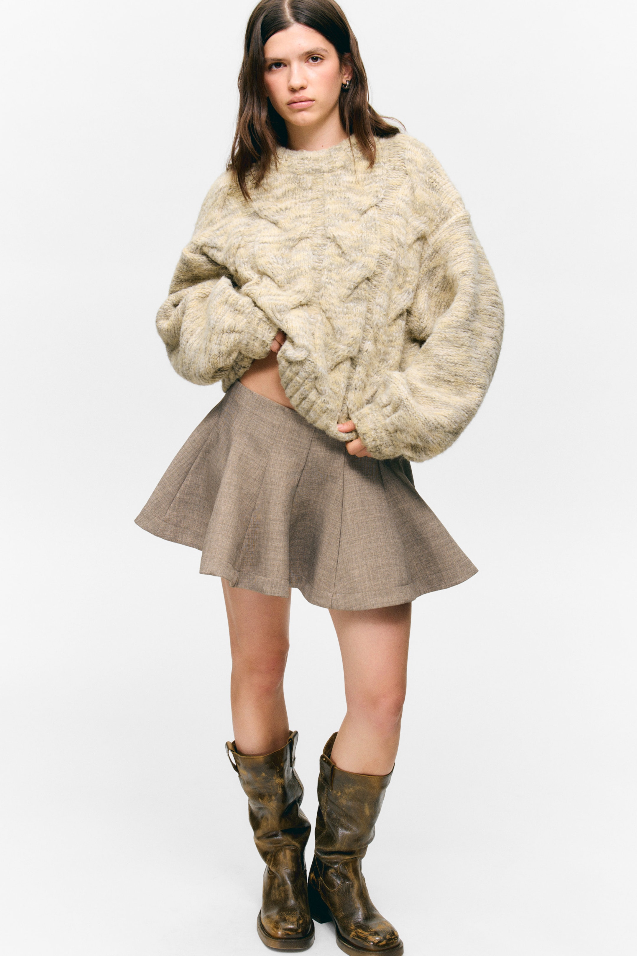 Dusty Yellow Melange - Chunky Cable-Knitted Sweater - 2