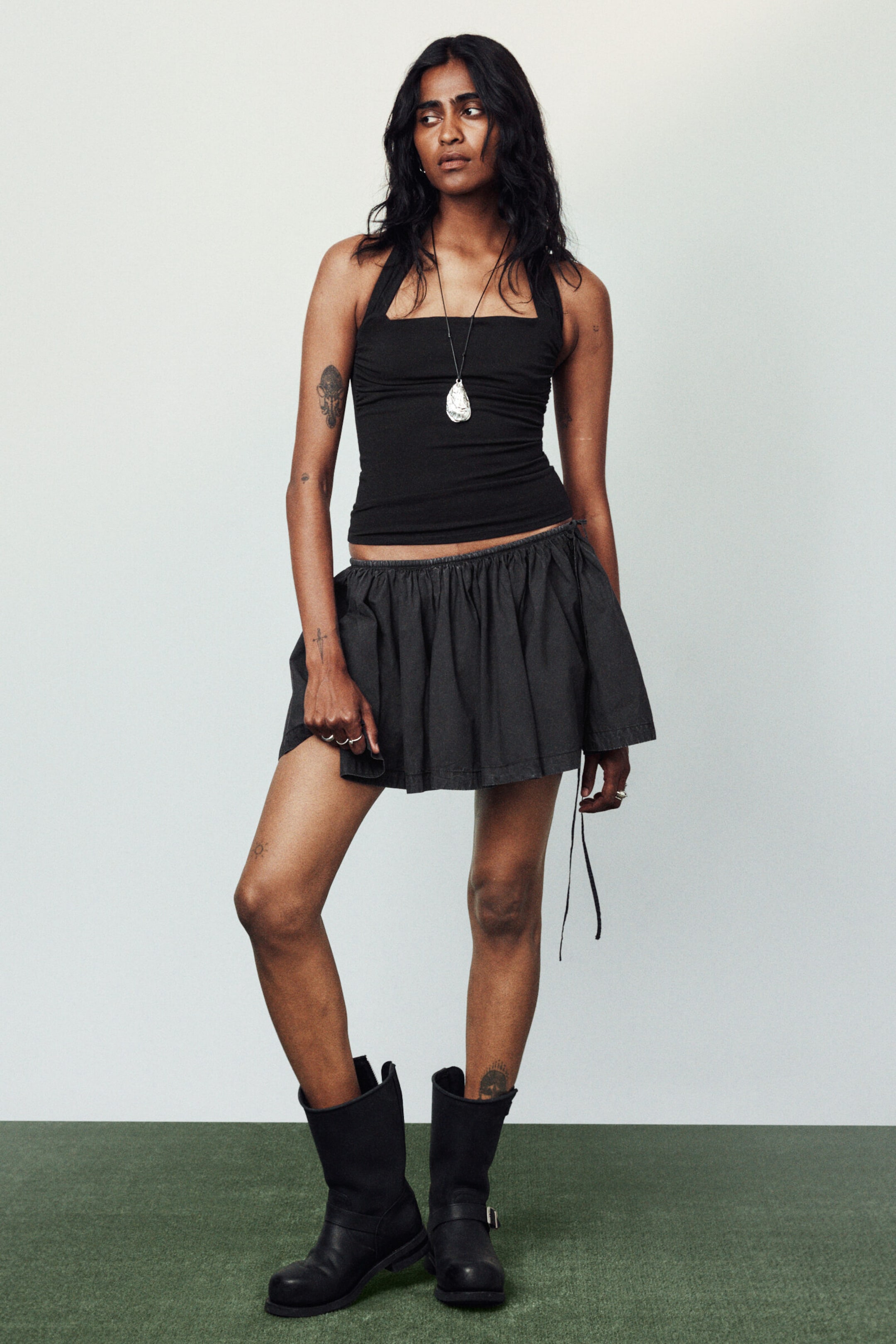 Black - Drawstring mini skirt - 1