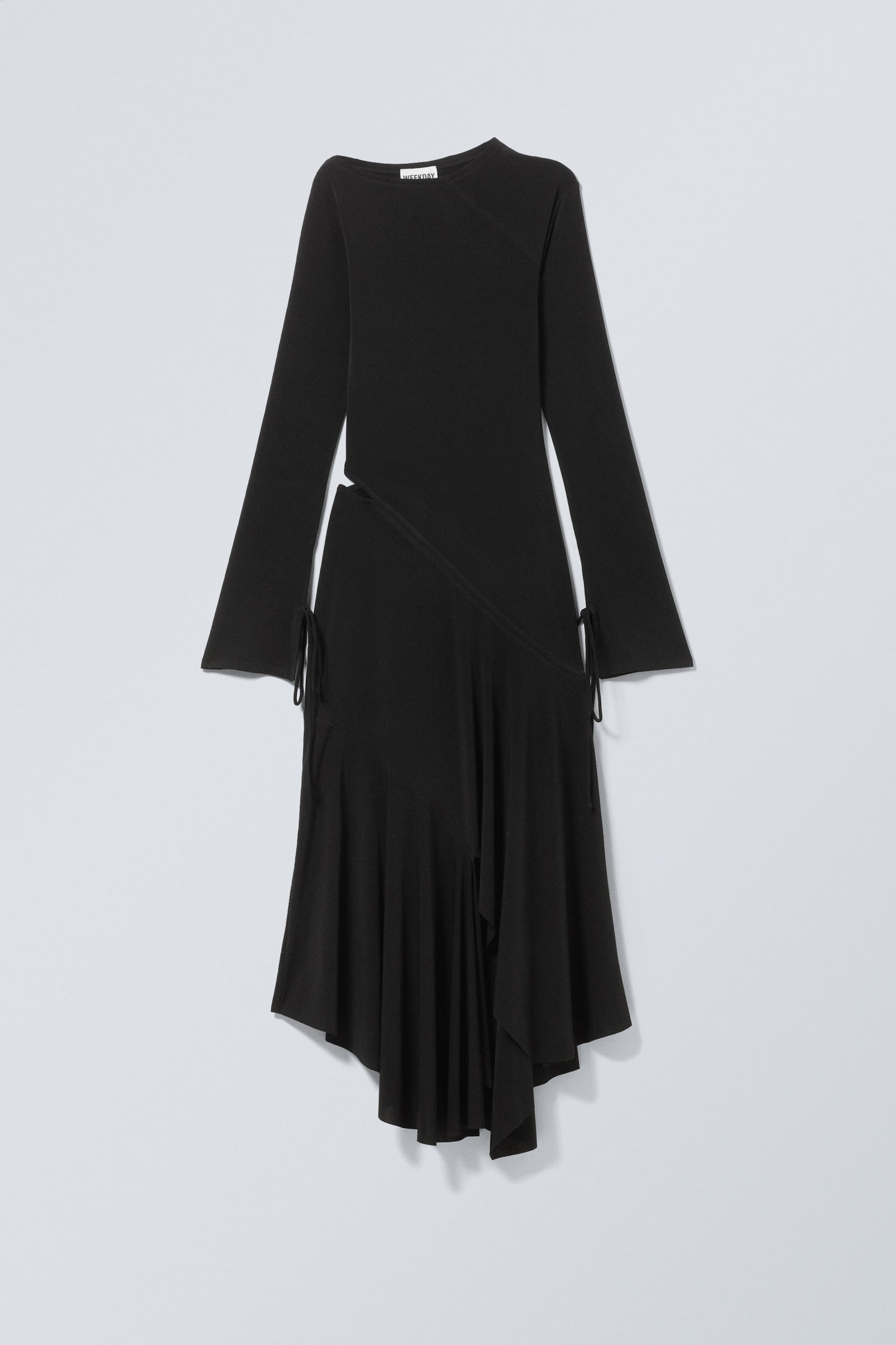 Black - Long-Sleeved Asymmetric Draped Dress - 0