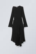 Black - Long-Sleeved Asymmetric Draped Dress - 0
