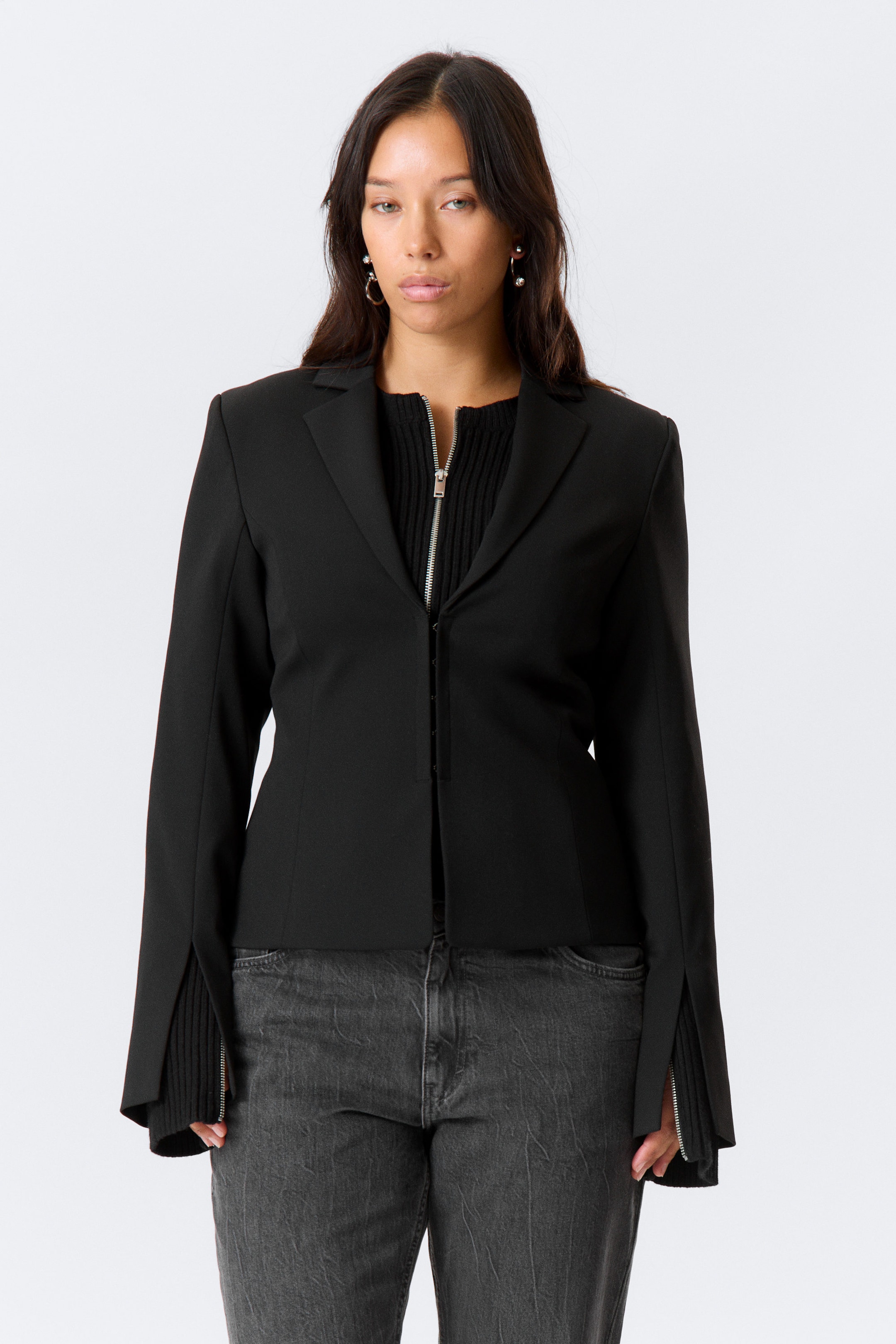 Black - Fitted Blazer with Vented Sleeves - 1