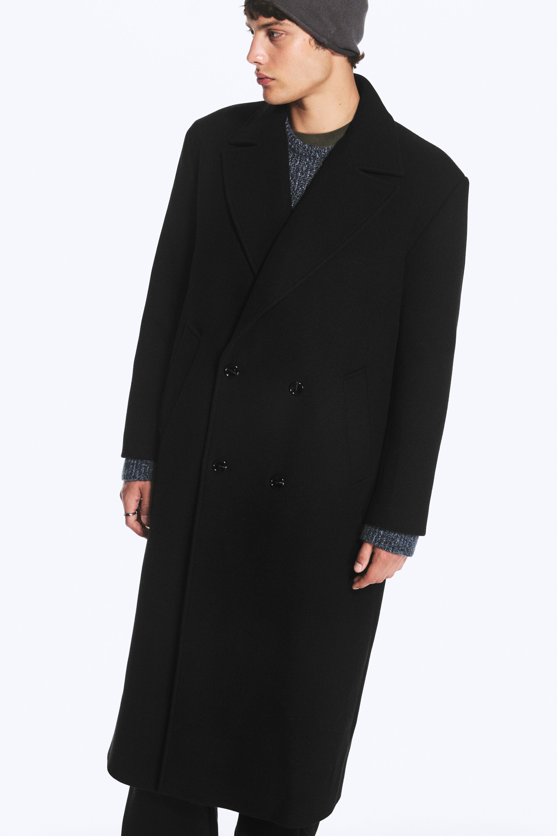 Schwarz - Zweireihiger Oversize-Mantel aus Wollmischung - 1