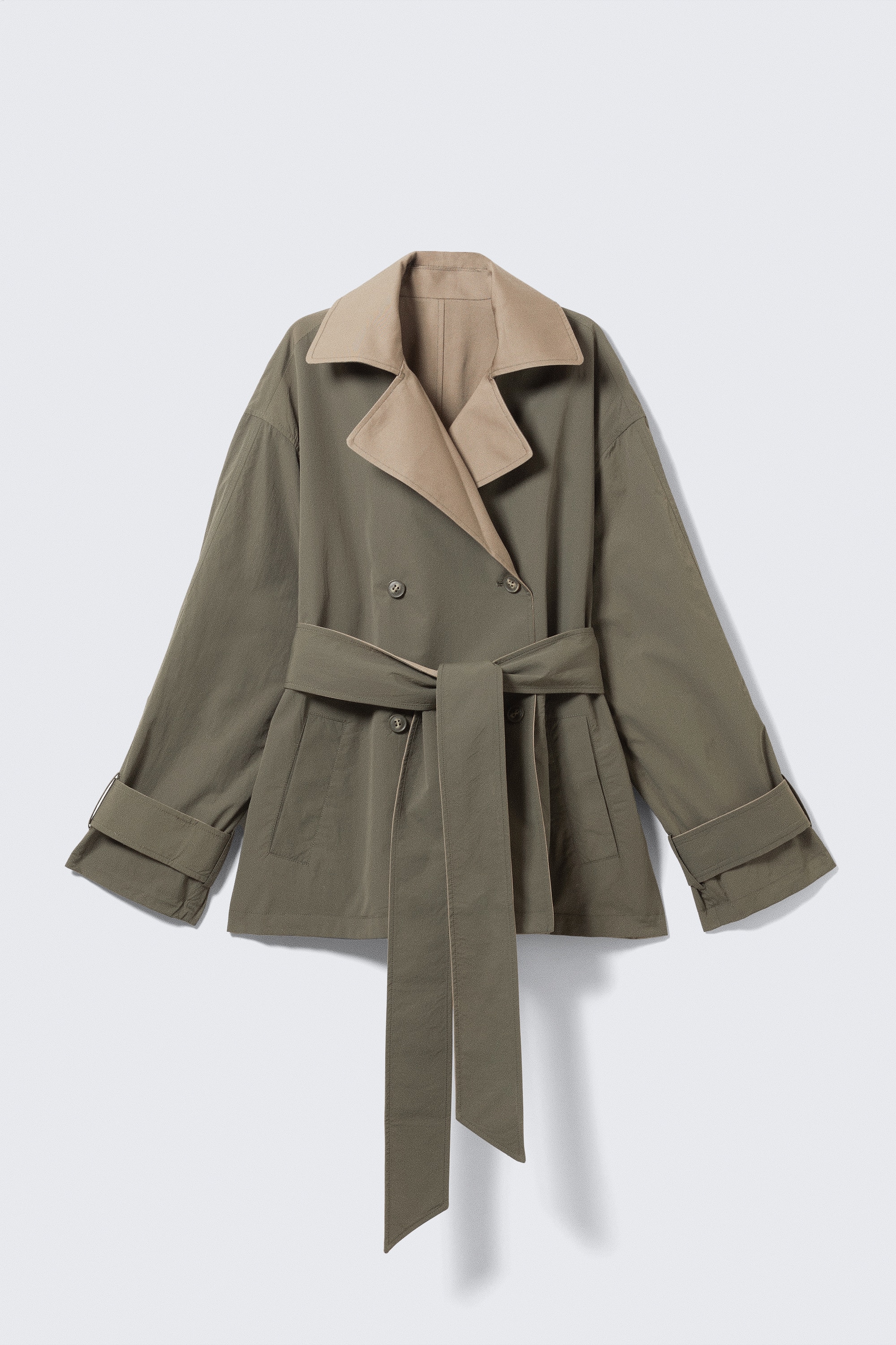 Short Double-Breasted Reversible Trench Coat - Beige & Khaki Green/Beige & Light Grey