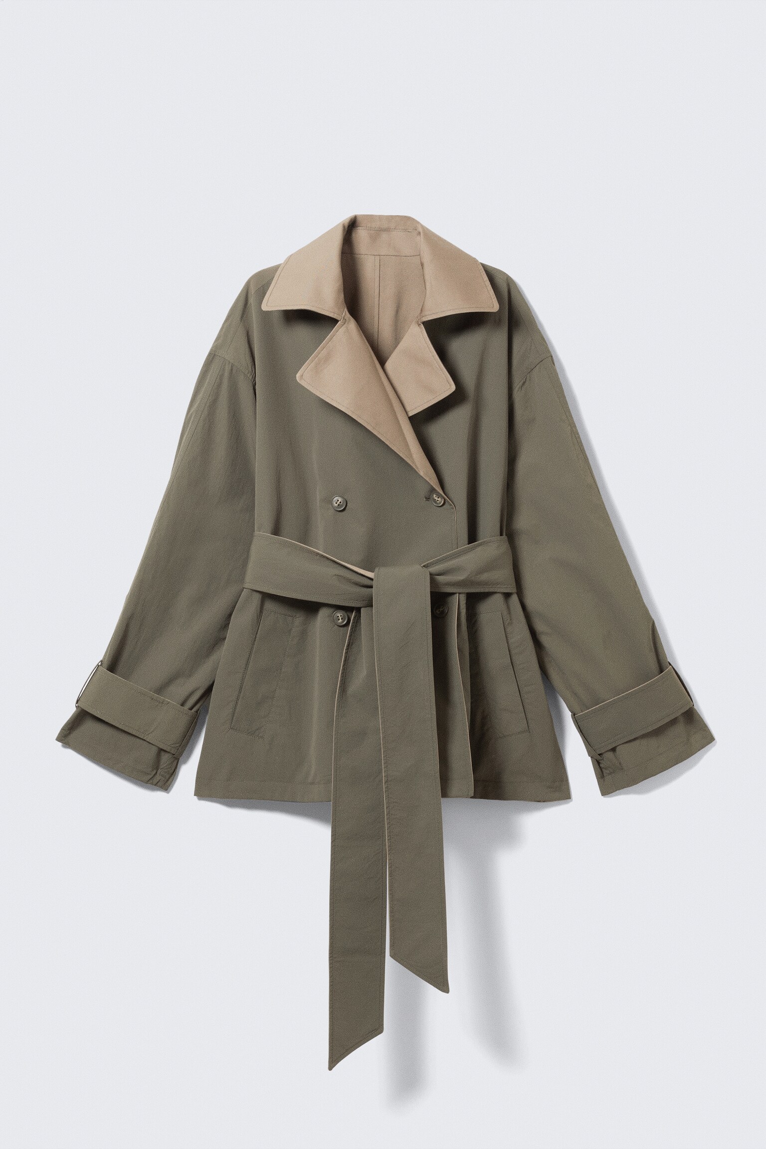 Short Double-Breasted Reversible Trench Coat - Beige & Khaki Green/Beige & Light Grey - 2