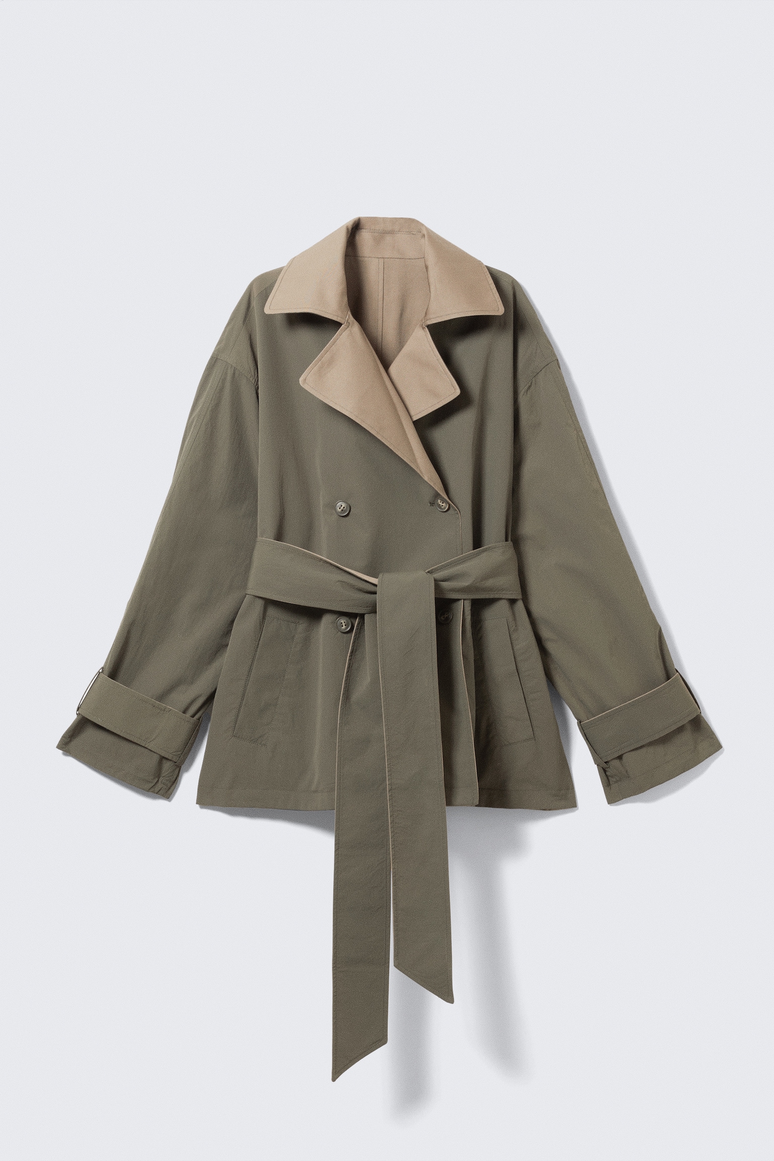 Short Double-Breasted Reversible Trench Coat - Beige & Khaki Green/Beige & Light Grey - 2