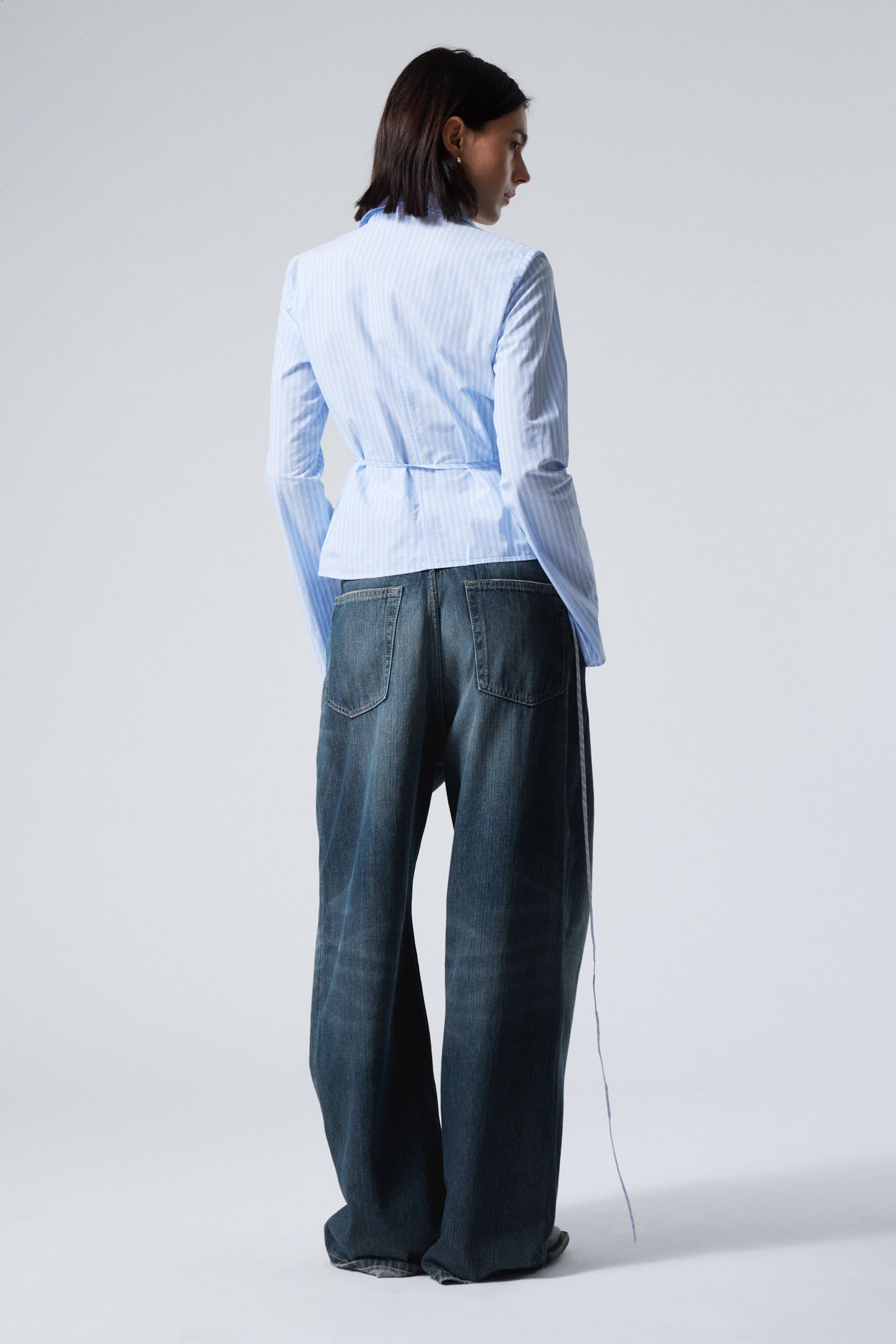 Striped Blue - Long-Sleeved Wrap Poplin Shirt - 3