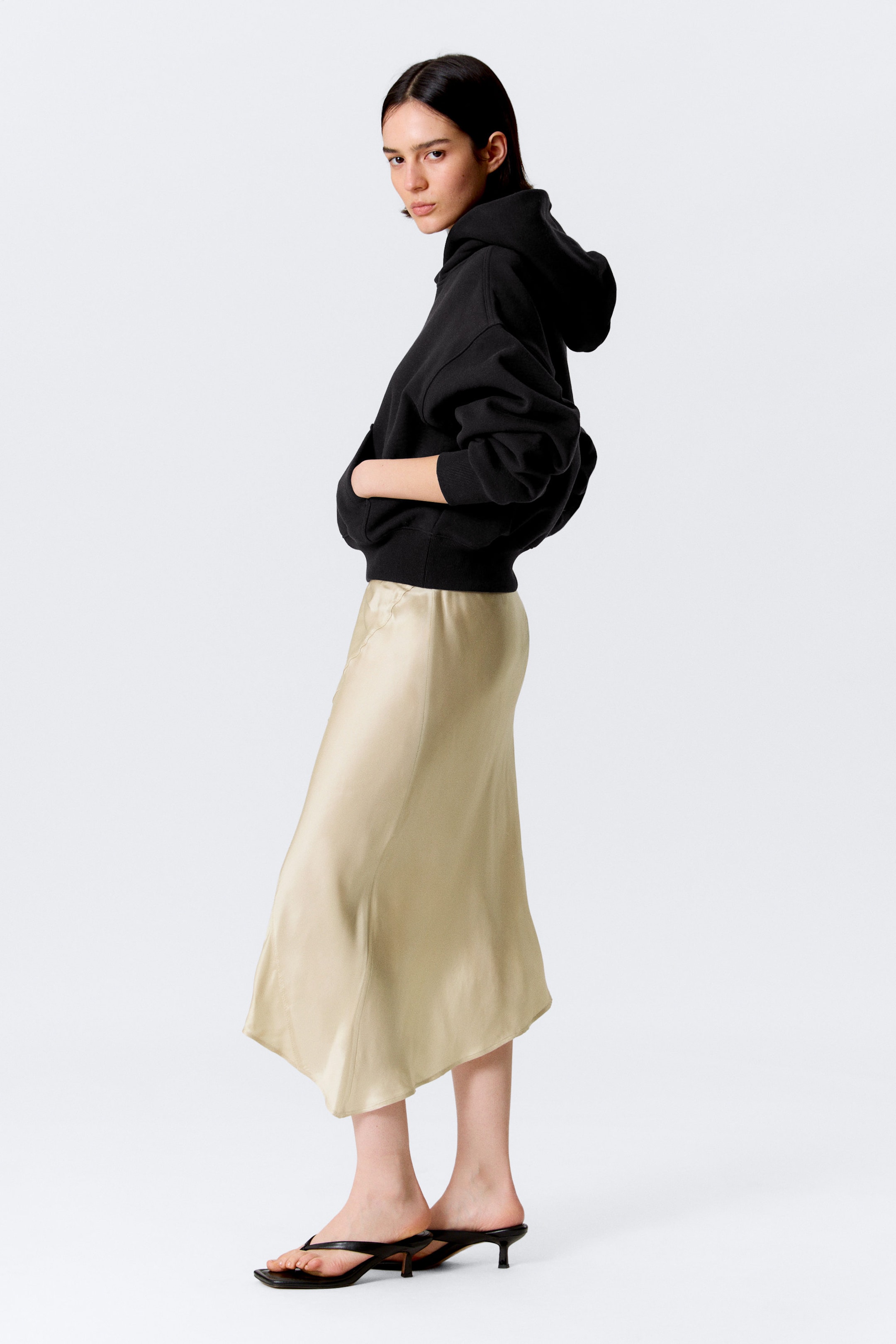 Light Dusty Beige - Low Rise Satin Midi Skirt - 2