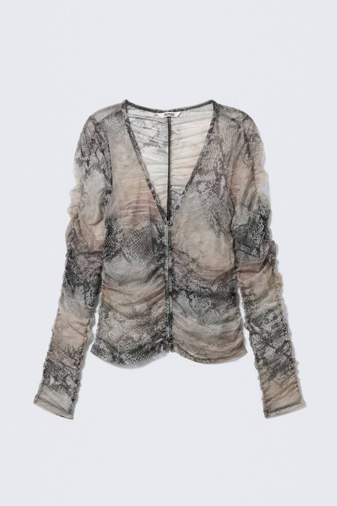 Slim Gathered Long-Sleeved Mesh Cardigan - Beige/Grey - Snakeskin Print - 1