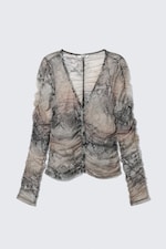 Beige/Grey - Snakeskin Print - Slim Gathered Long-Sleeved Mesh Cardigan - 3