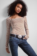 Light Pink/Brown Stripe - Long-Sleeved Slim Fit Scoop Neck Top - 0