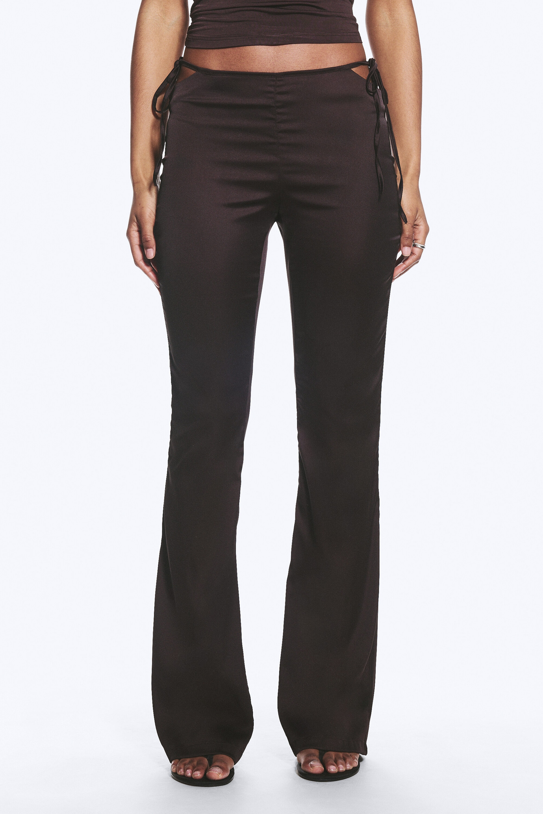 Dark Brown - Satin Cut-Out Flared Trousers - 2