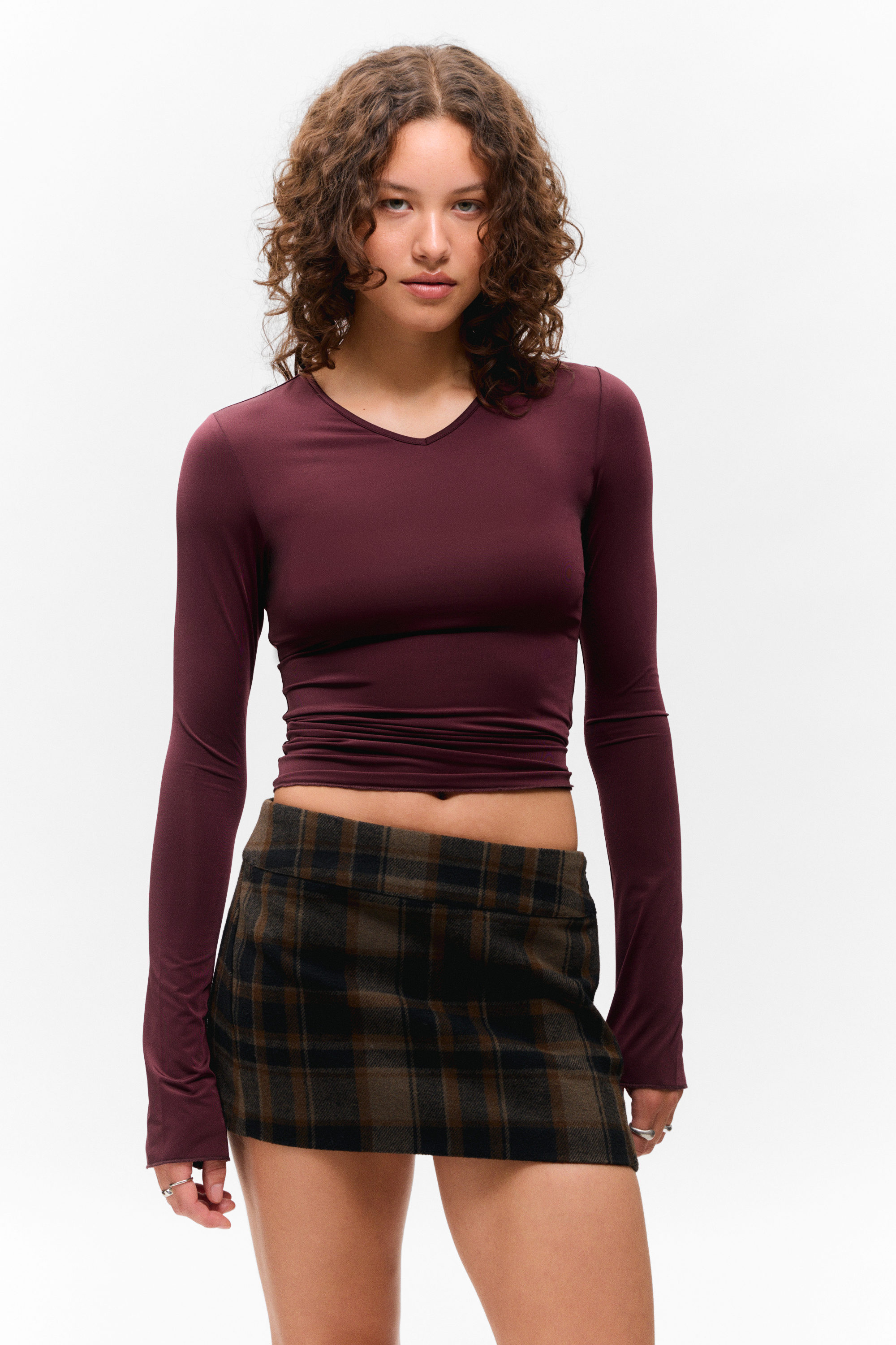 Burgundy - Long-Sleeved V-Neck Top - 1