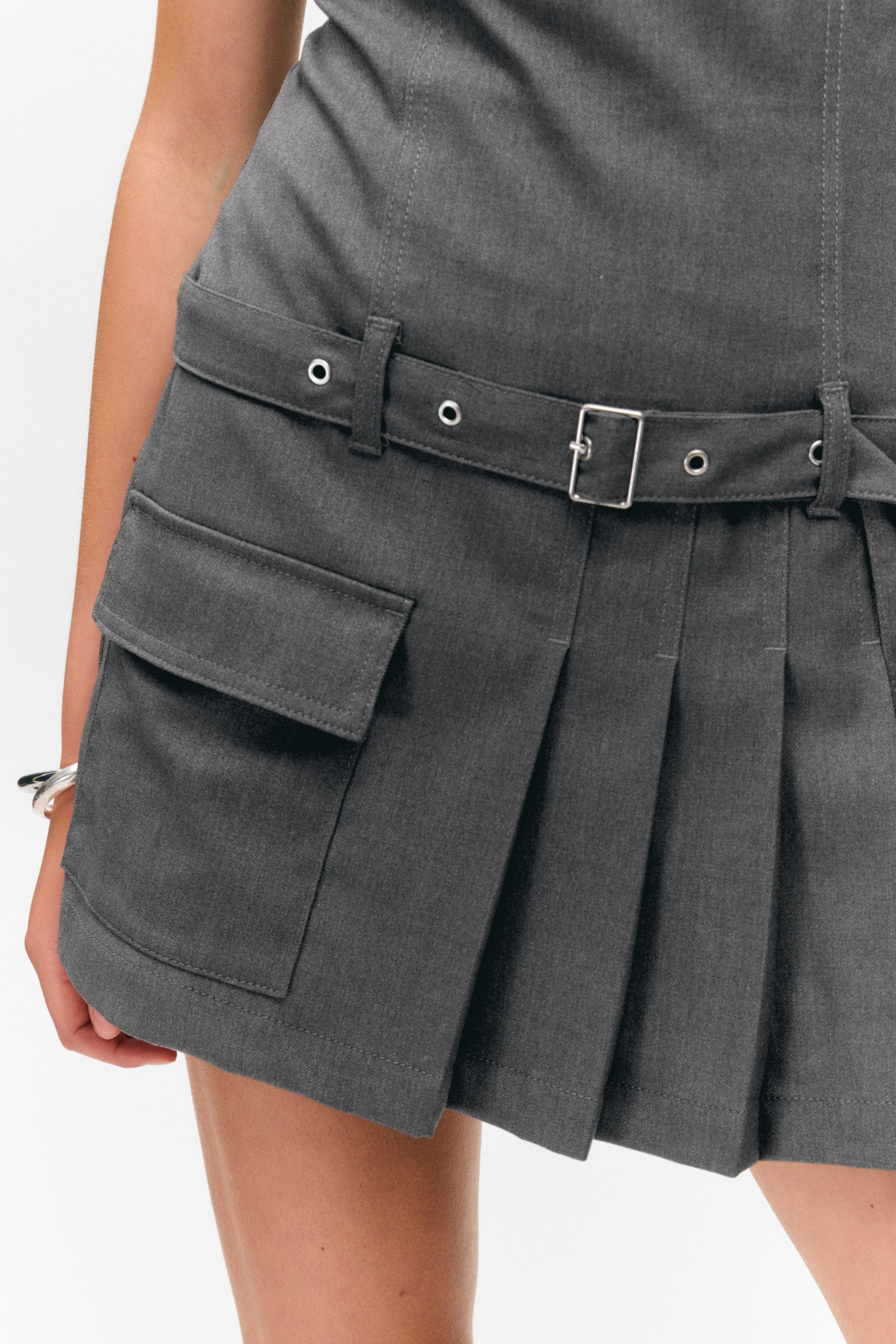 Dark Grey - Belted Pleated Mini Dress - 2