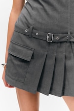 Dark Grey - Belted Pleated Mini Dress - 2