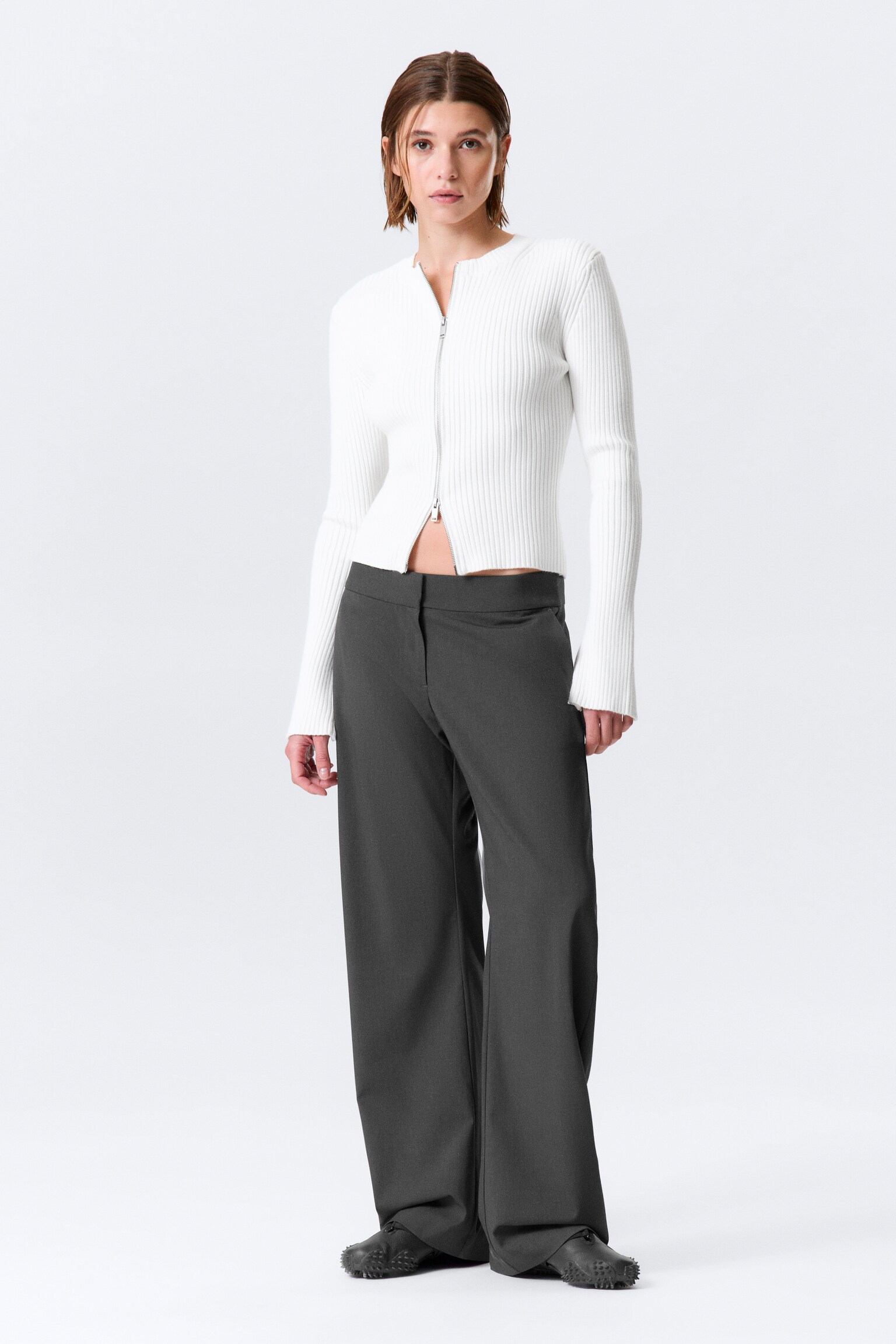 Рипсено вталено жилетка с цип - Бял/Тъмно лилаво/Black - 1