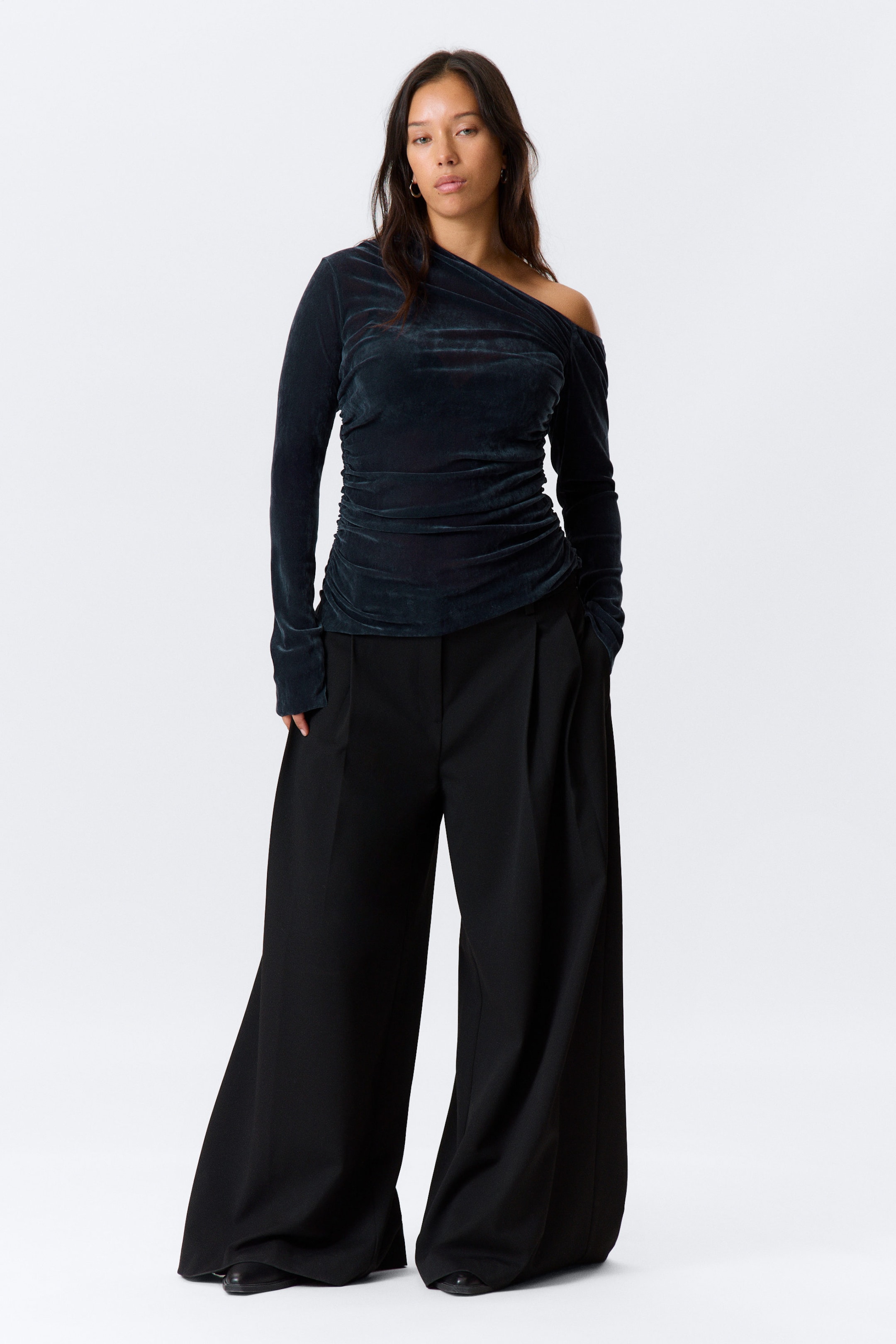 Dark Blue - Draped Asymmetric Velvet Mesh Top - 2