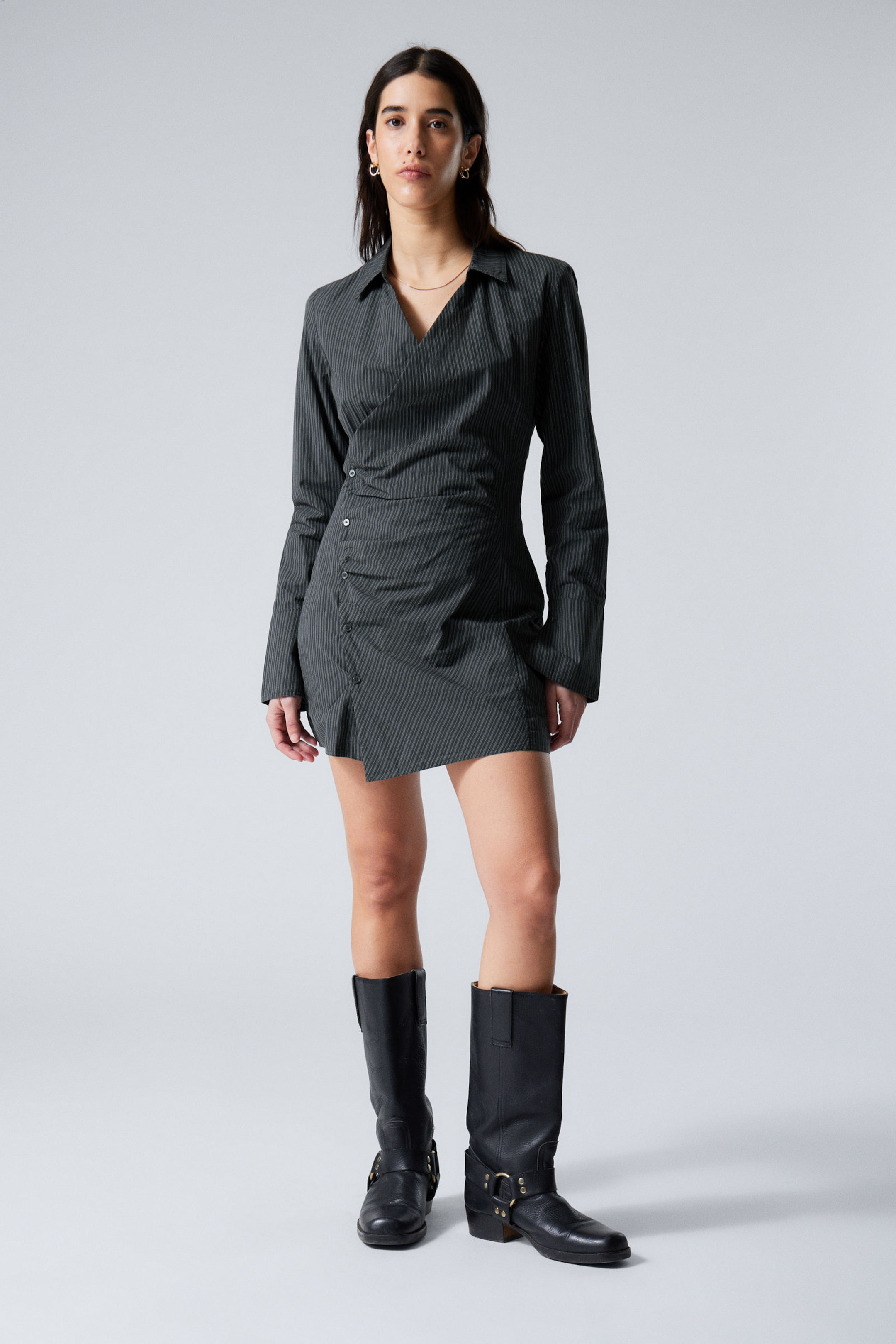 Pinstriped Dark Grey - Long-Sleeved Asymmetric Mini Shirt Dress - 2