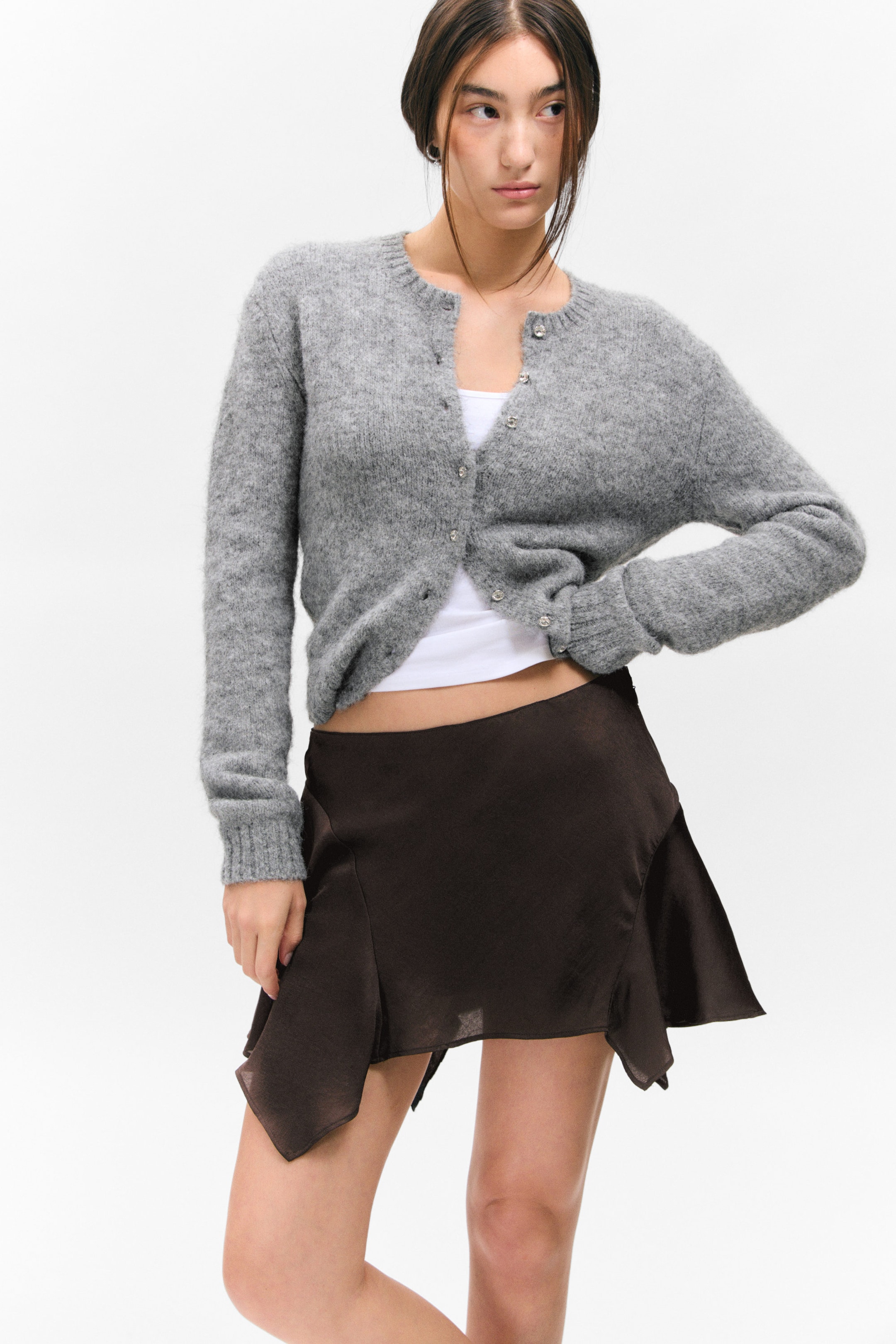 Dark Brown - Asymmetric Mini Skirt - 2