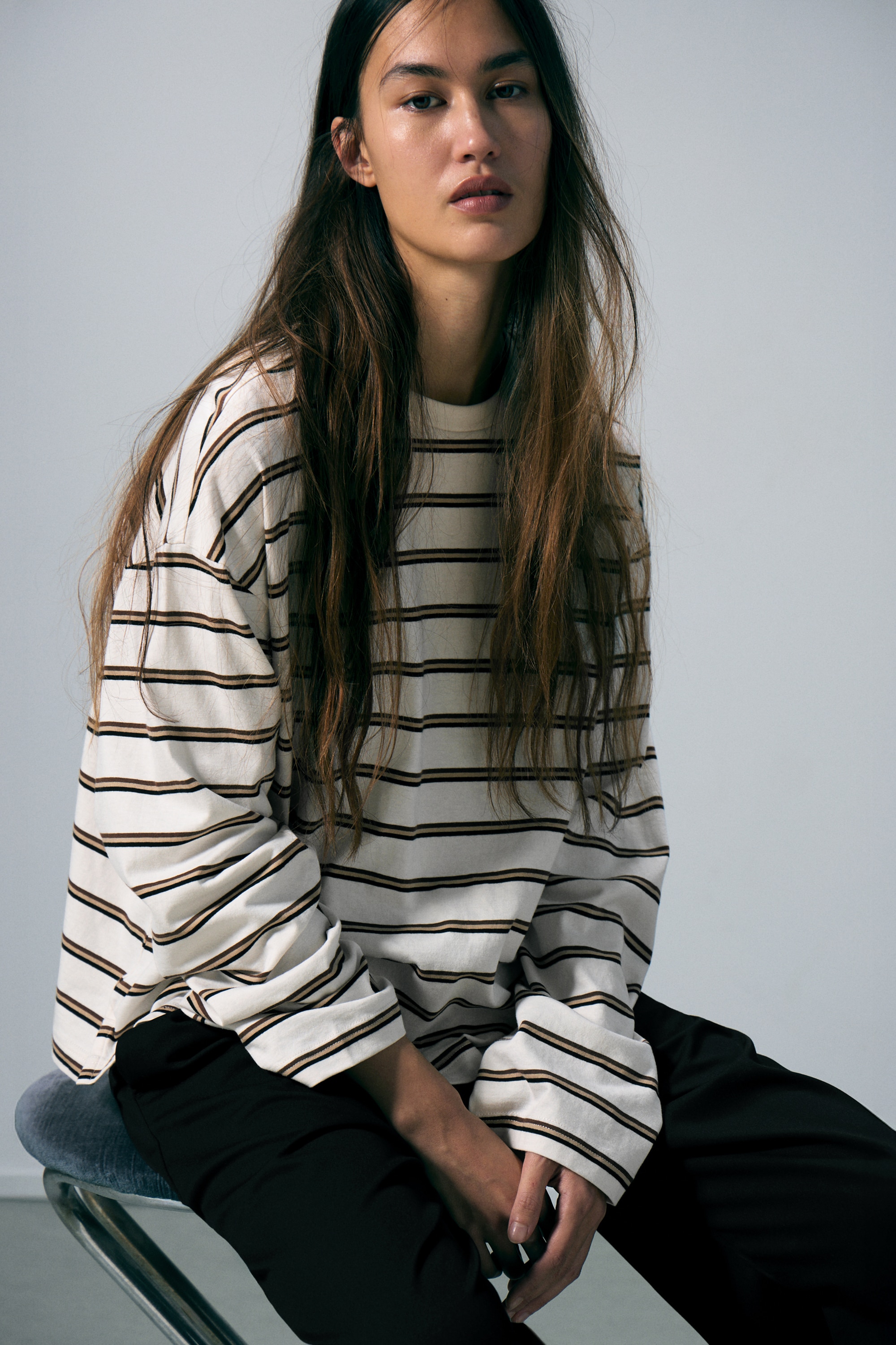 Long-Sleeved Cotton T-shirt - Dusty White - Brown Stripes/Blue & Burgundy Stripes/Red & Pink Stripes/Blue/Multi Stripe/Pink - Yellow Stripes/Striped Turquoise/Pink Stripes/Bright Red & Beige Stripes