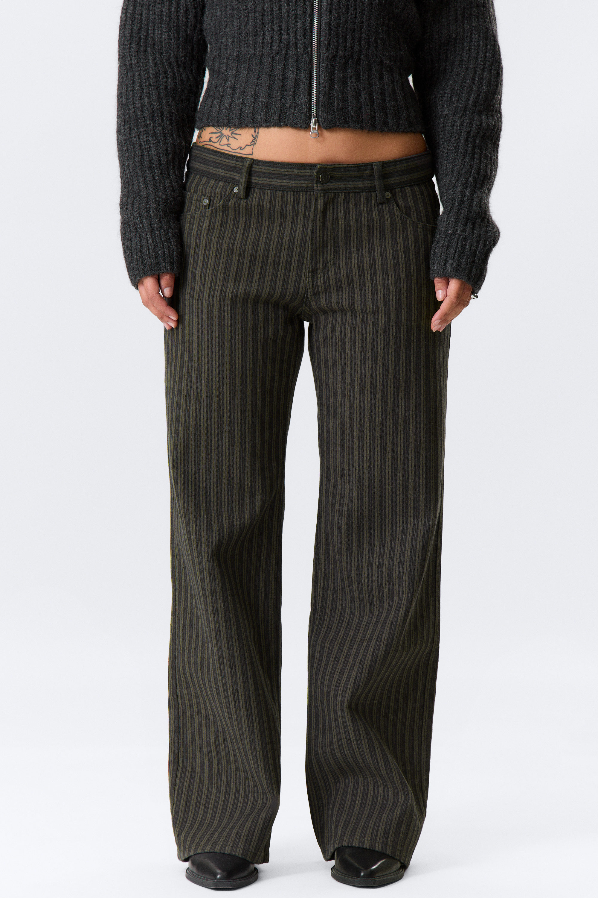 Striped Dark Grey - Low Waist Pinstripe Cotton Trousers - 2