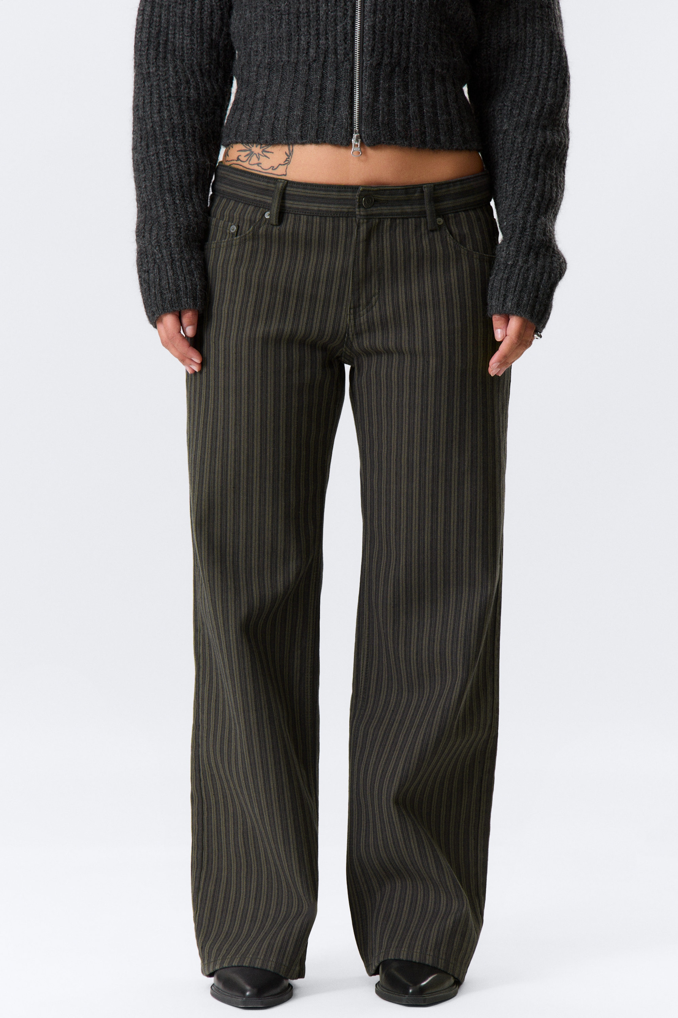 Striped Dark Grey - Low Waist Pinstripe Cotton Trousers - 2