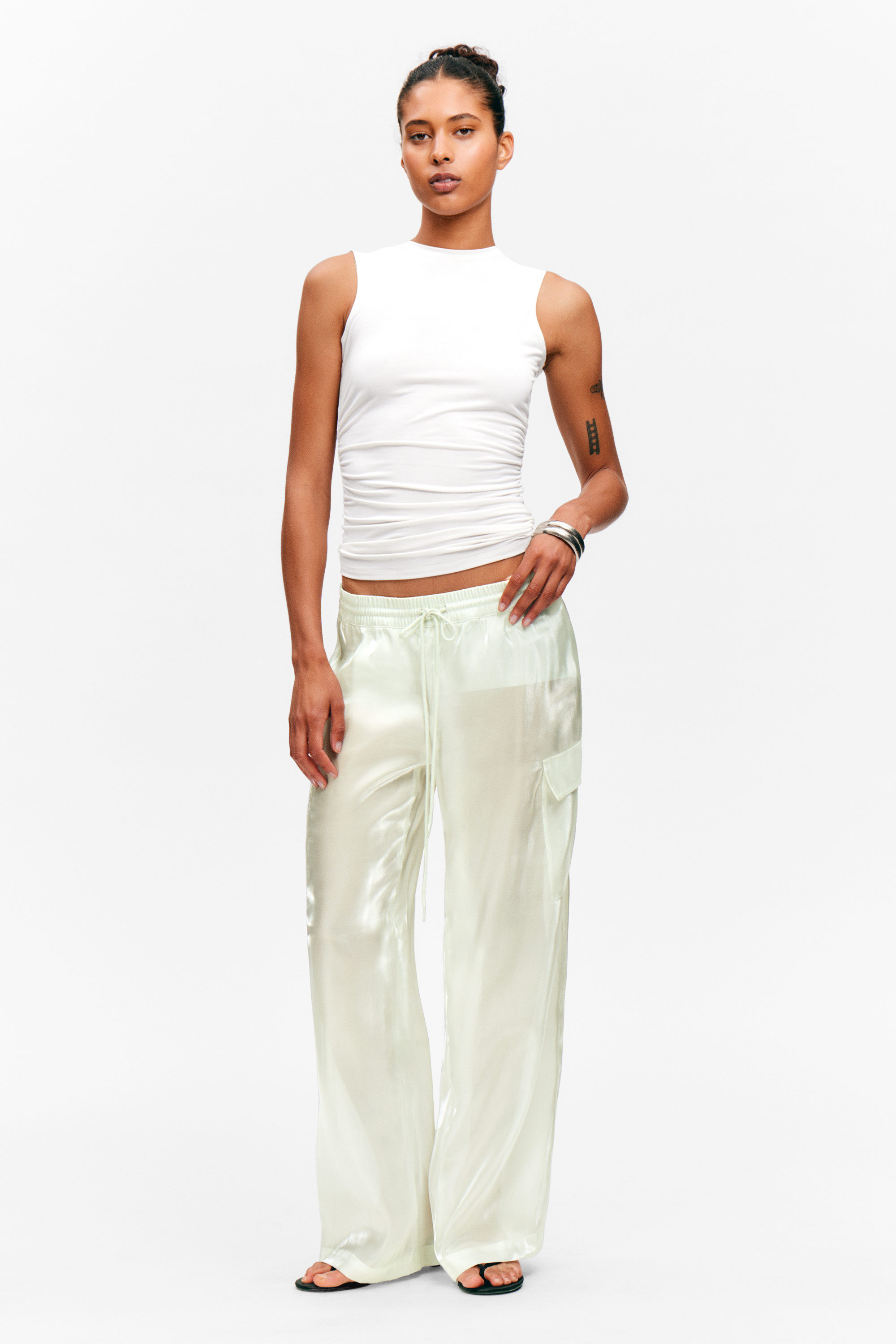 Light Mint - Sheer Drawstring Wide Leg Trousers - 1