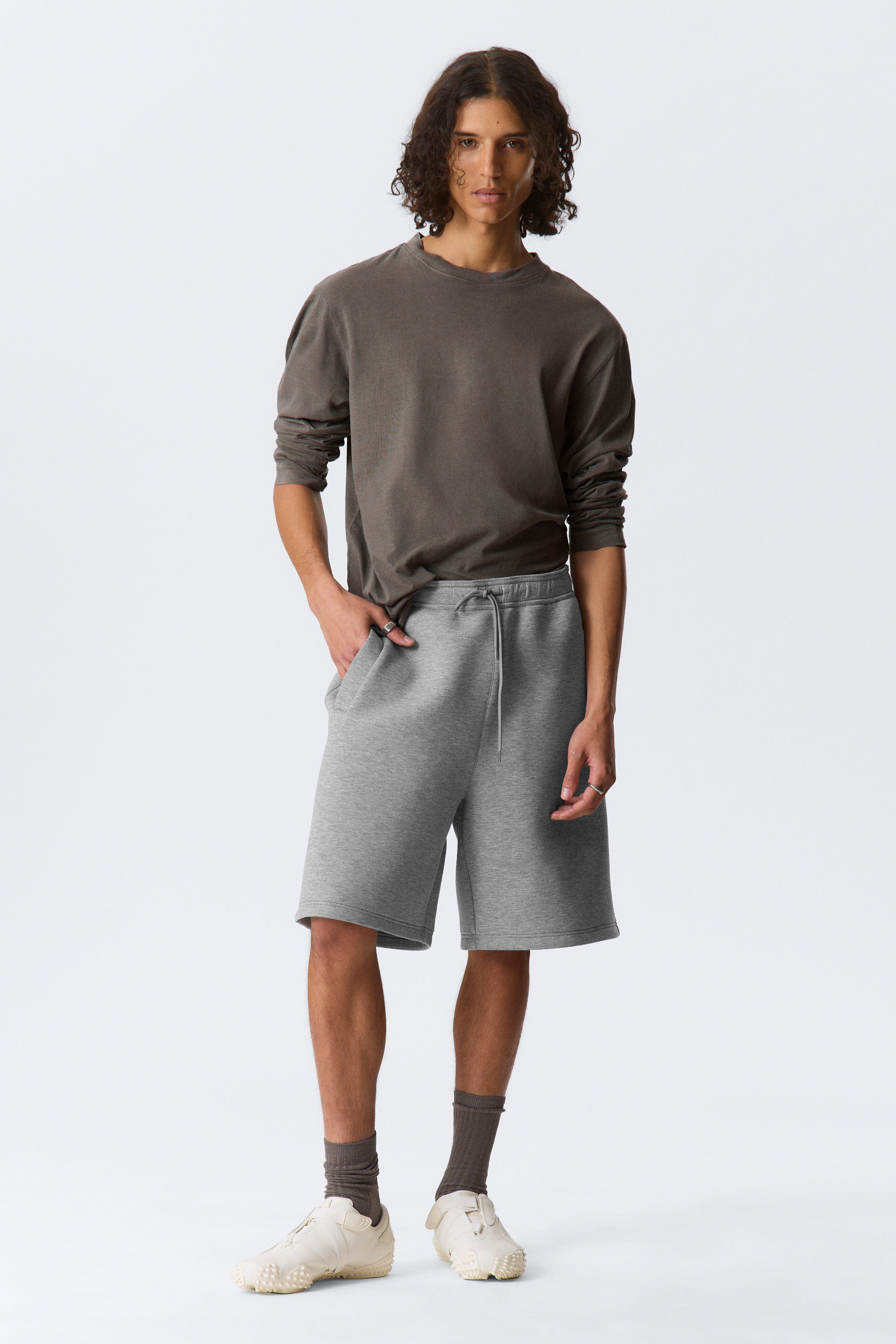 Grey Melange - Loose Fit Scuba Shorts - 1