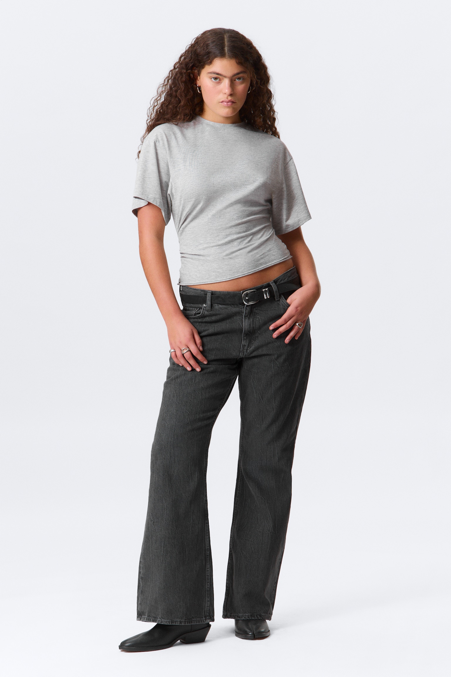DRAPIERTES, ENG ANLIEGENDES T-SHIRT - Grey Melange/Schwarz - 4
