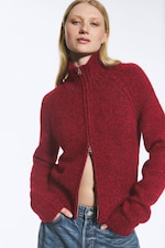 Dark Red - Soft Knitted Fitted Zip Cardigan - 0