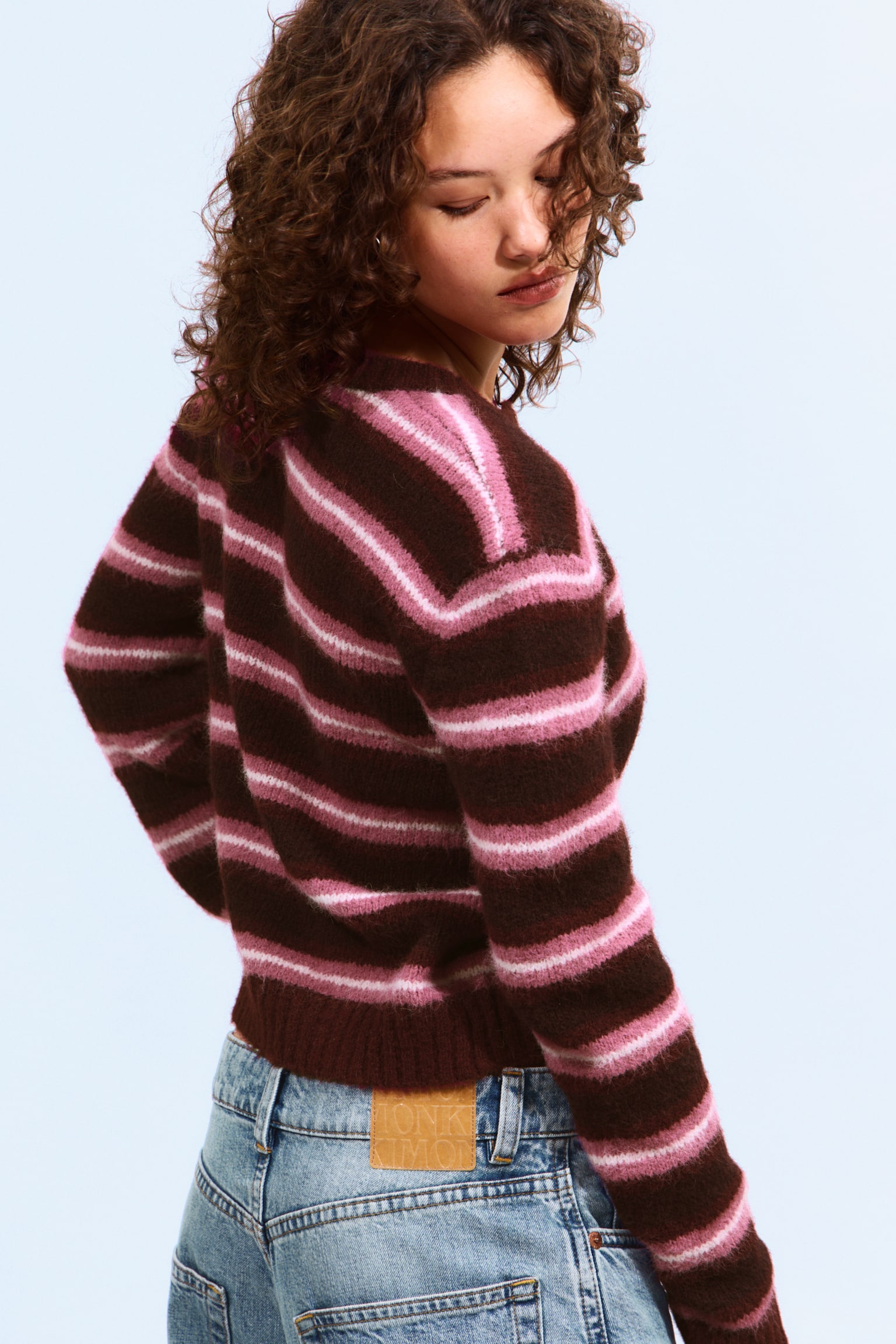 Brushed Knit Buttoned Cardigan - Dark Red & Pink Stripes/Brown/Black/Green Stripes - 3